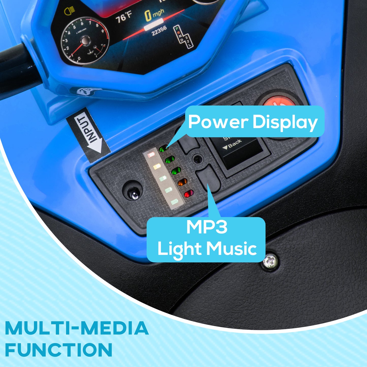 Qaba 12V Kids ATV with Four Wheels Spring Suspension, Forward & Backward, LED Light, MP3, Music, Blue
