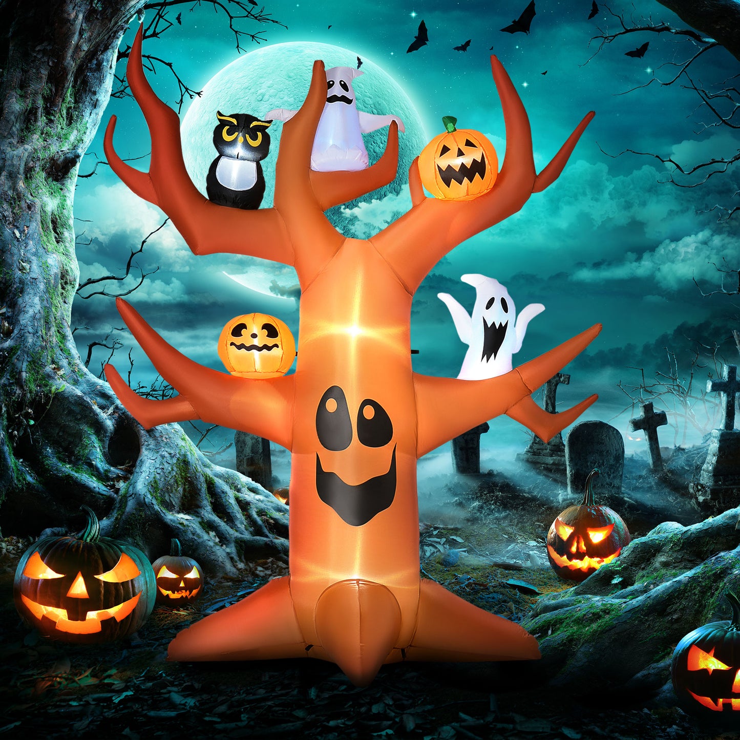 HOMCOM Inflatable Halloween Decoration Haunted Tree with Owl/Ghost/Pumpkins, Blow-Up Outdoor LED Display for Lawn, Garden, Party
