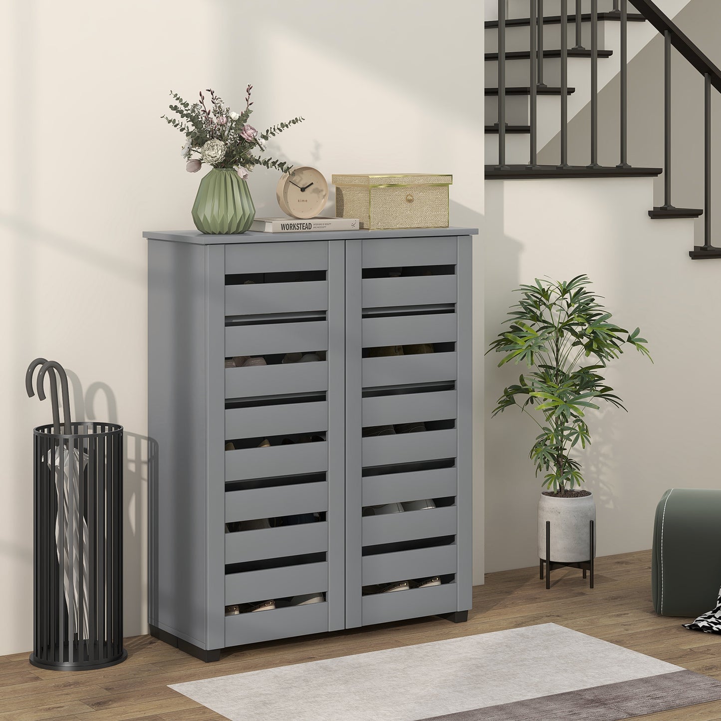 HOMCOM Shoe Storage Cabinet, Shoe Cabinet with 2 Slatted Doors for 15 Pairs of Shoes, Black