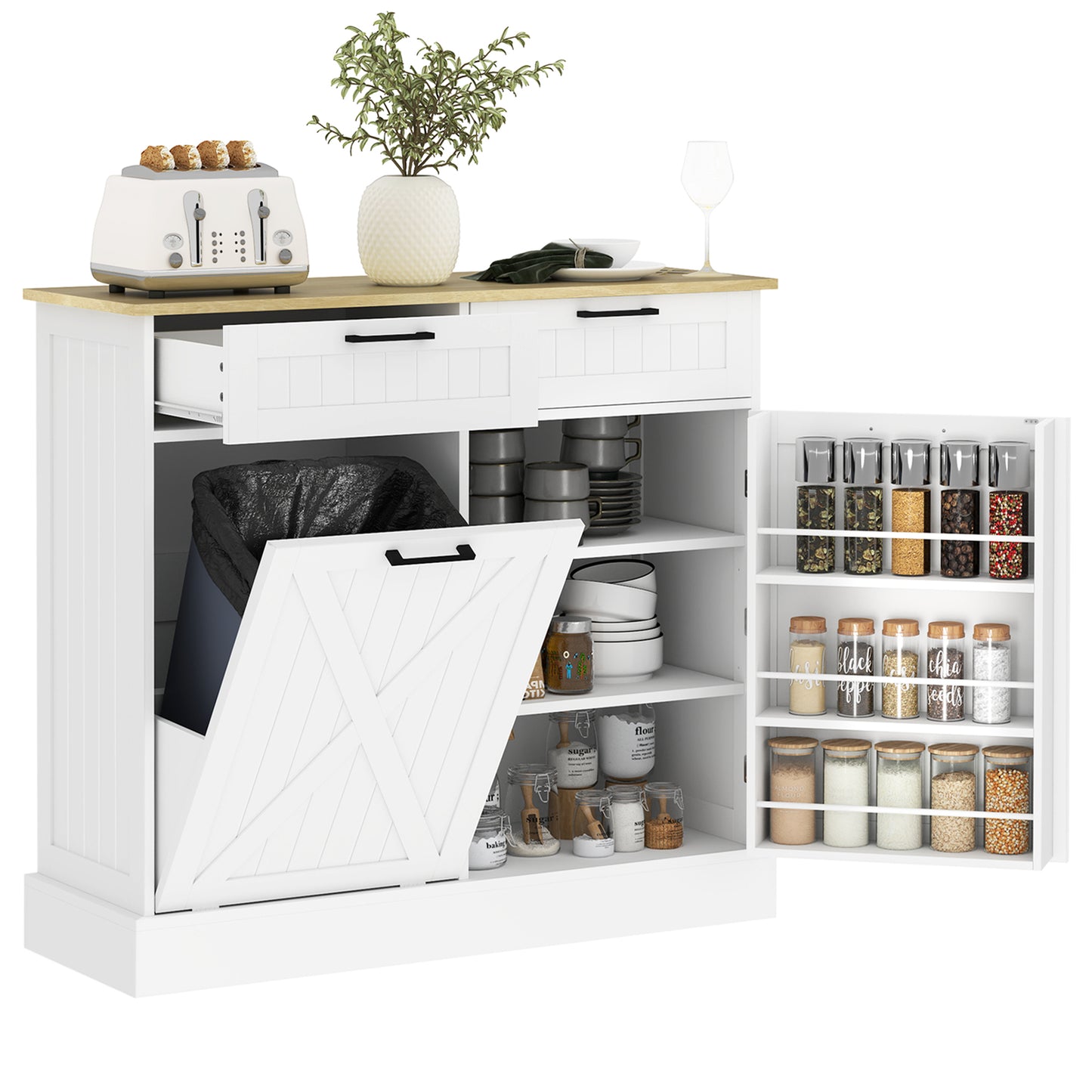 HOMCOM 10 Gallon Hidden Garbage Bin Cabinet, Tilt Out Trash Cabinet w/ 2 Drawers, Freestanding Kitchen Island, Black