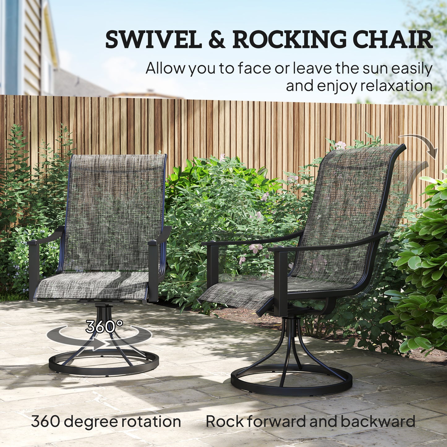 Outsunny 2 Pieces Rocking Swivel Patio Chairs, Mesh Outdoor Swivel Dining Chairs with High Back and Curved Armrests, Mixed Grey