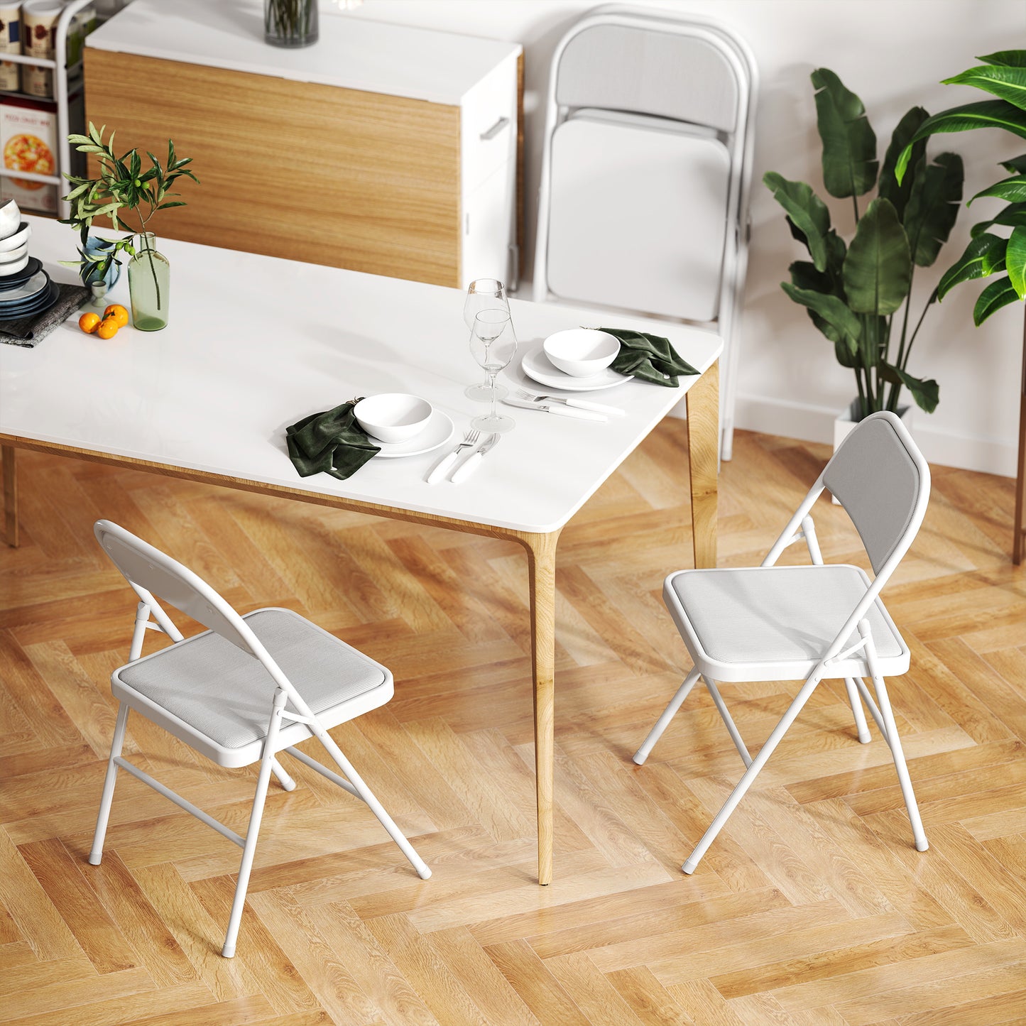 HOMCOM Set of 6 Metal Foldable Chairs, Linen Padded Folding Chairs with Cushion Seat and Open Back for Indoor, Black