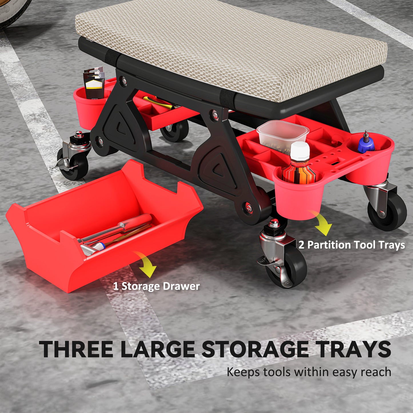 HOMCOM Rolling Garage Stool, 300 LBS Capacity Padded Mechanic Stool with 2.5" Wheels, Adjustable Height 15" -19.7", Red
