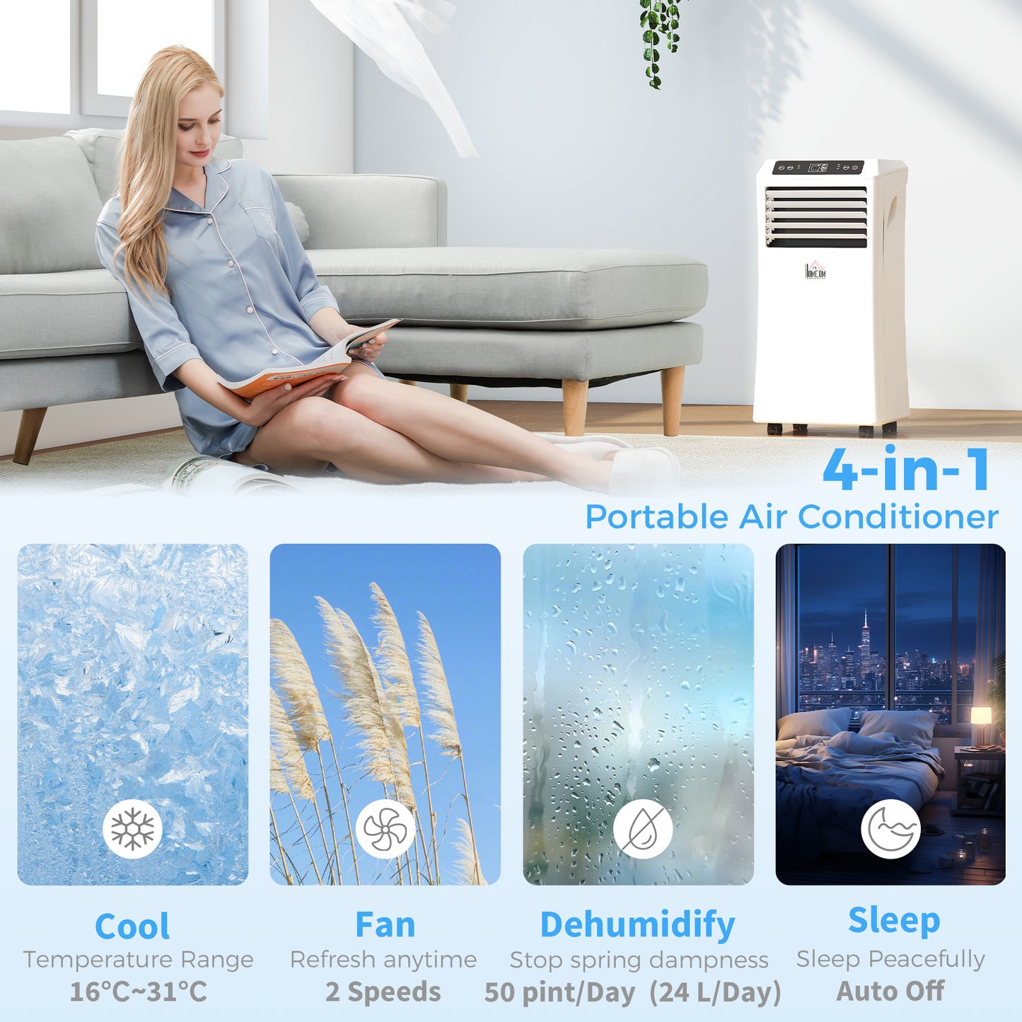 HOMCOM 10,000BTU Mobile Portable Air Conditioner with Cooling, Dehumidifier, 2 Speed Fans, 24-Hour Timer for Bedroom, White