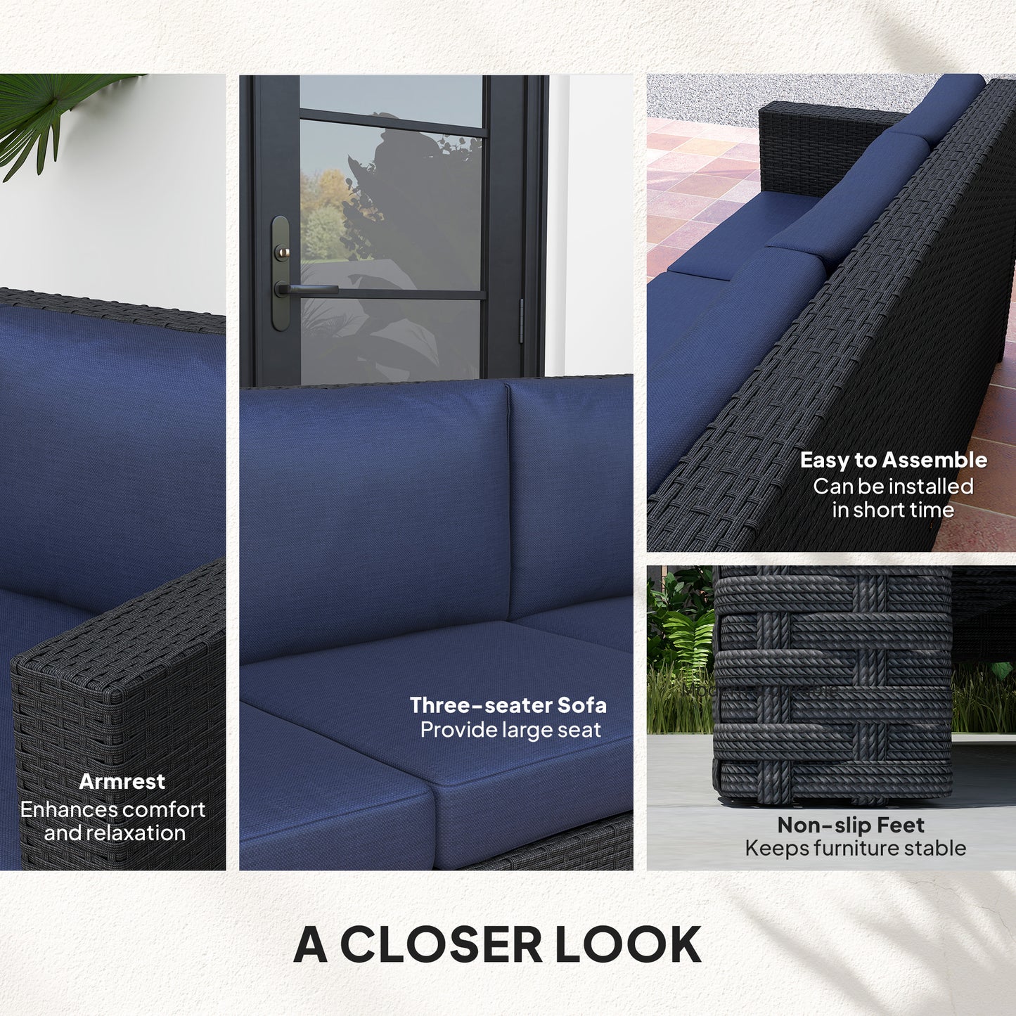 Outsunny 3-Seater Outdoor Sofa with Cushions, PE Rattan Conversation Patio Couch with Pillows for Garden, Poolside, Blue