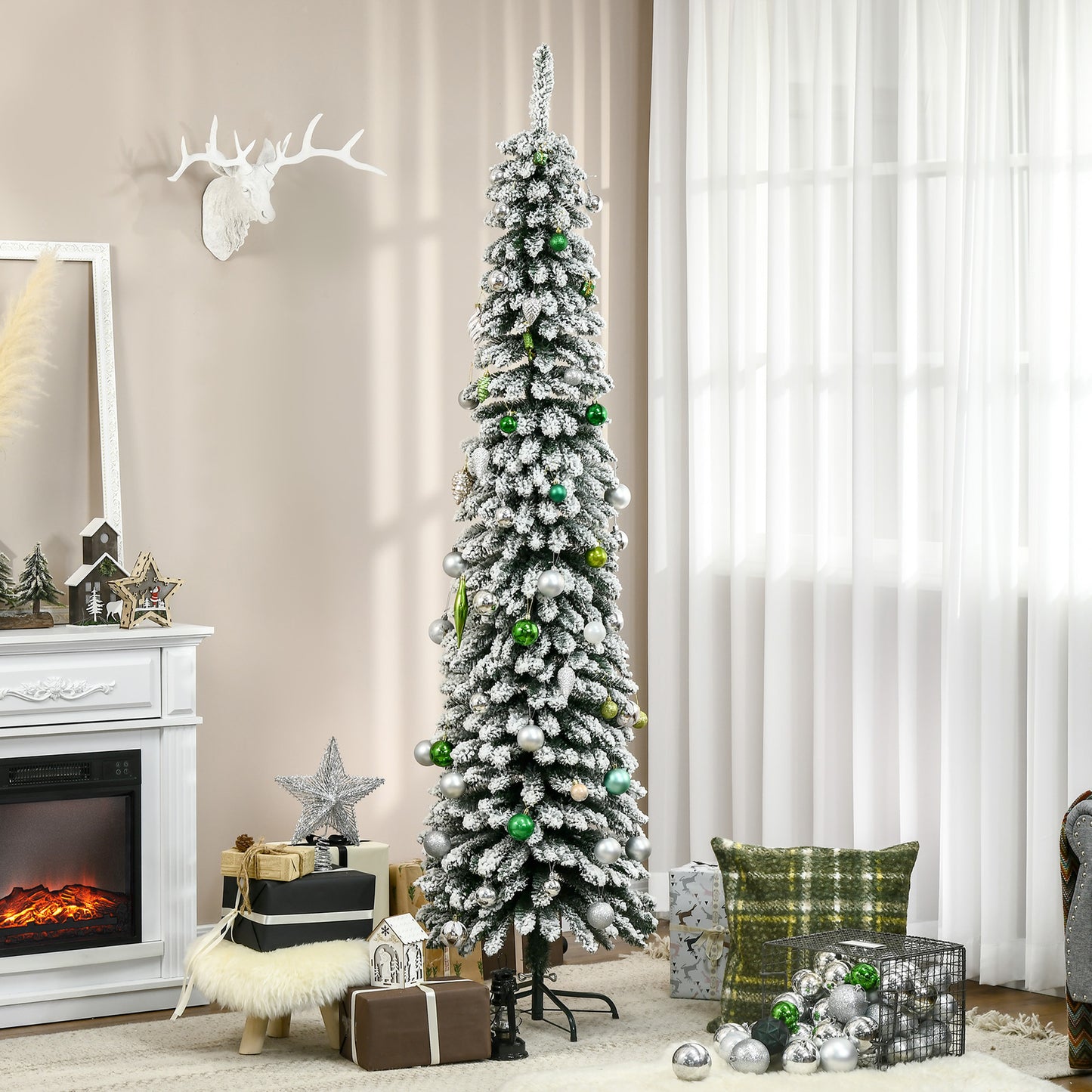HOMCOM 6 Ft Snow-Flocked Artificial Christmas Tree, Slim Pencil Xmas Tree with Realistic Branches, Metal Base, Green