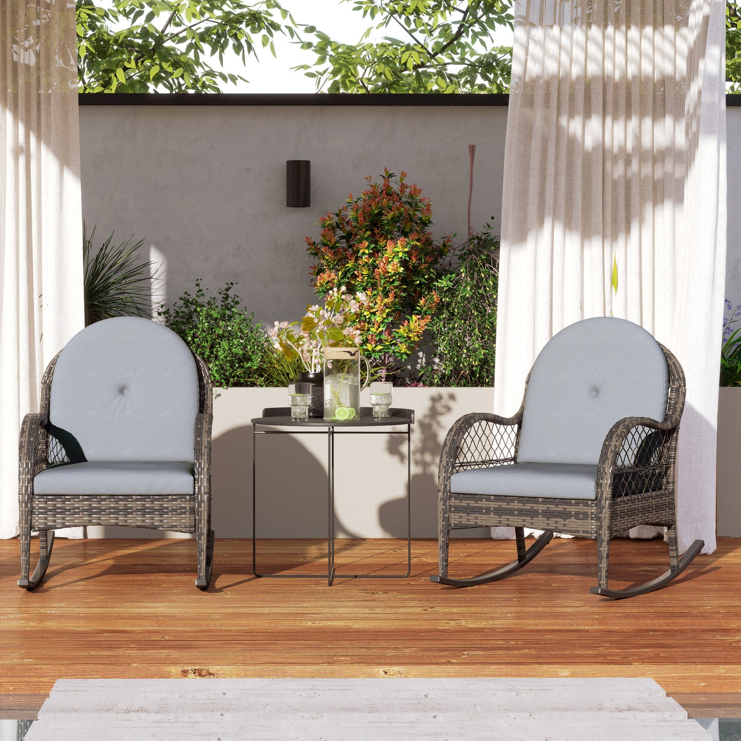 Outsunny 2 Pieces Wicker Rocking Patio Chairs, Indoor Outdoor Rocking Chair Set with Cushions and Armrests for Porch, Grey