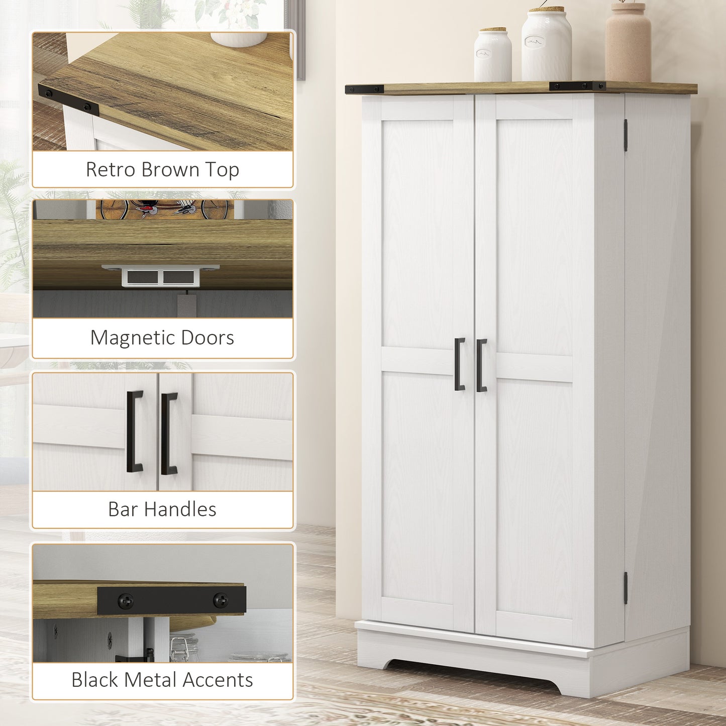 HOMCOM Farmhouse Kitchen Pantry Storage Cabinet, Kitchen Pantry Cabinet with Doors and Adjustable Shelves, Cream White