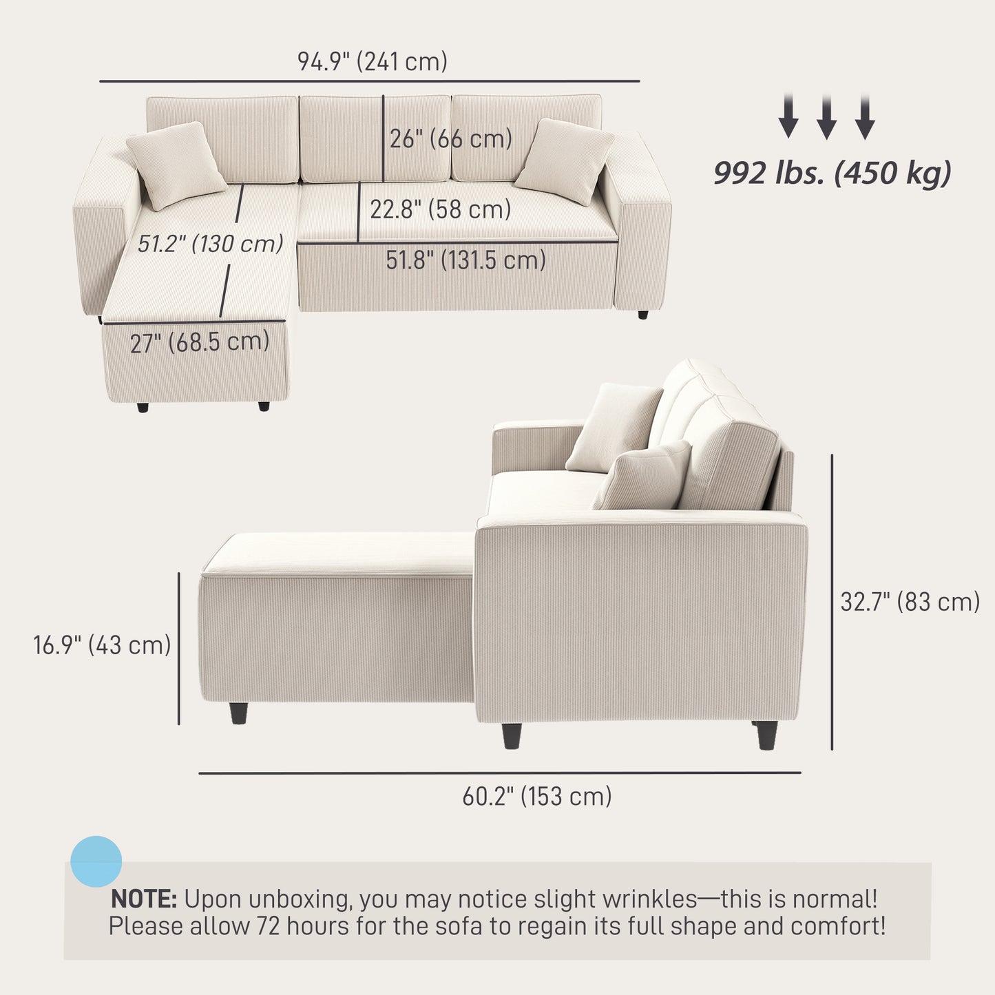HOMCOM U Shape Couch with Double Chaise Lounge, Modern 4 Seater Sofa with Wooden Legs, Fabric Sofa for Living Room, Dark Grey
