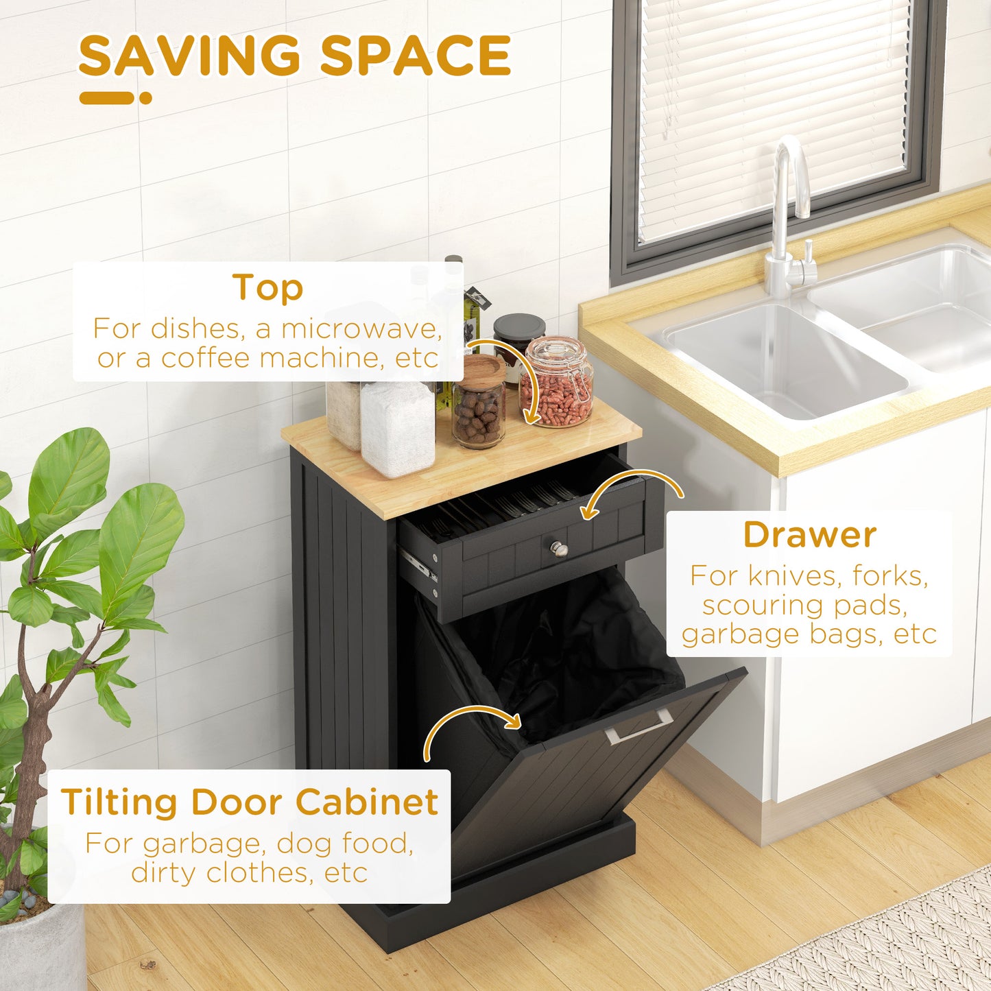 HOMCOM Kitchen Tilt Out Trash Bin Cabinet, Free Standing Recycling Cabinet, Trash Can Holder with Drawer, White