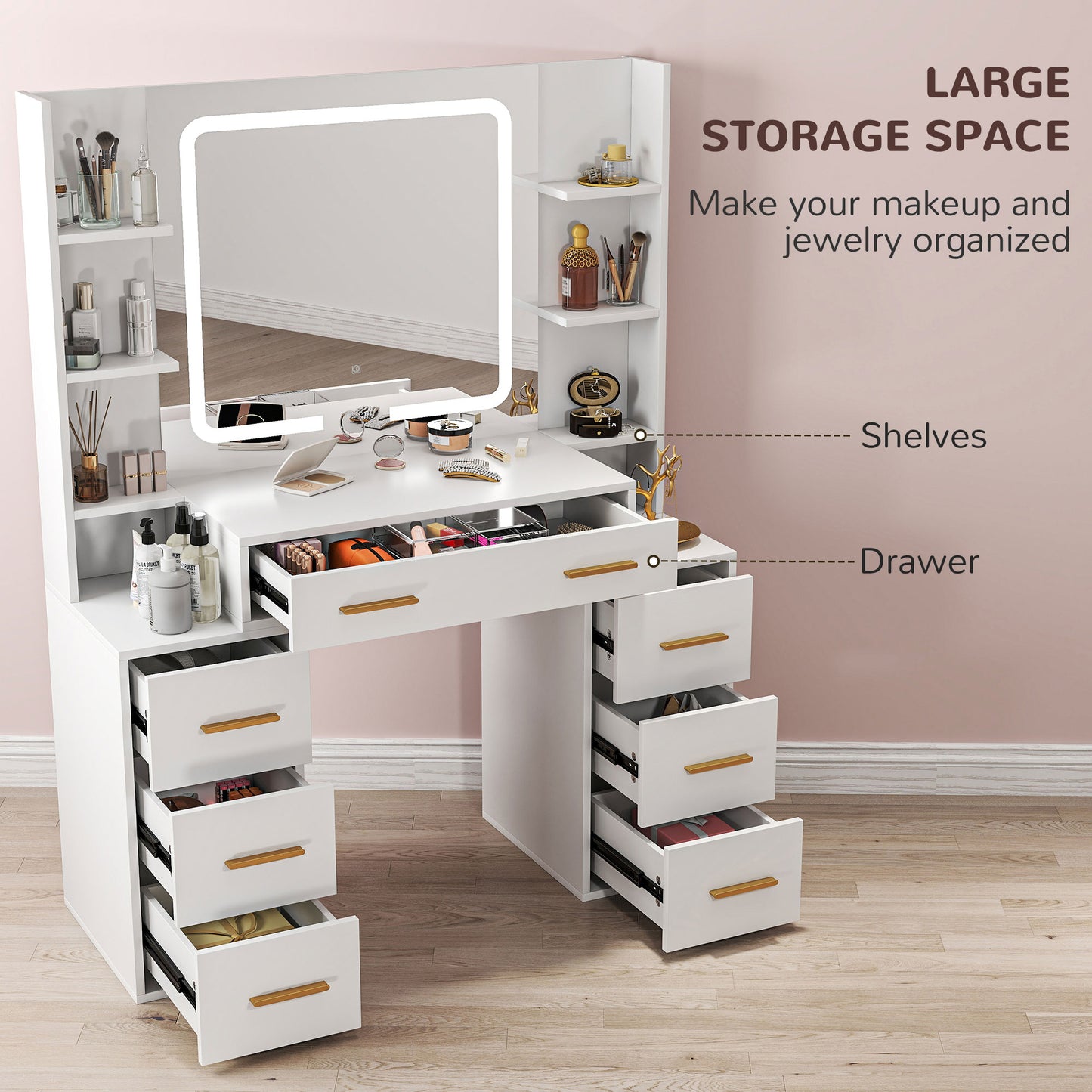 HOMCOM Makeup Vanity Table with Mirror and Lights, Modern Dressing Desk with 7 Drawers, 8 Shelves, 3 Lighting Modes, White