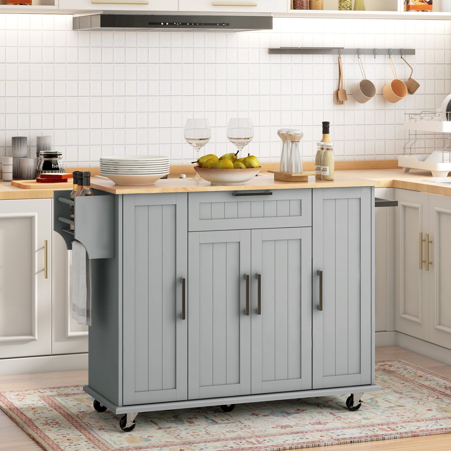 HOMCOM Modern Rolling Kitchen Island Cart with Drawers, Natural Wood Top, Towel Rack, Door Storage Cabinet, White