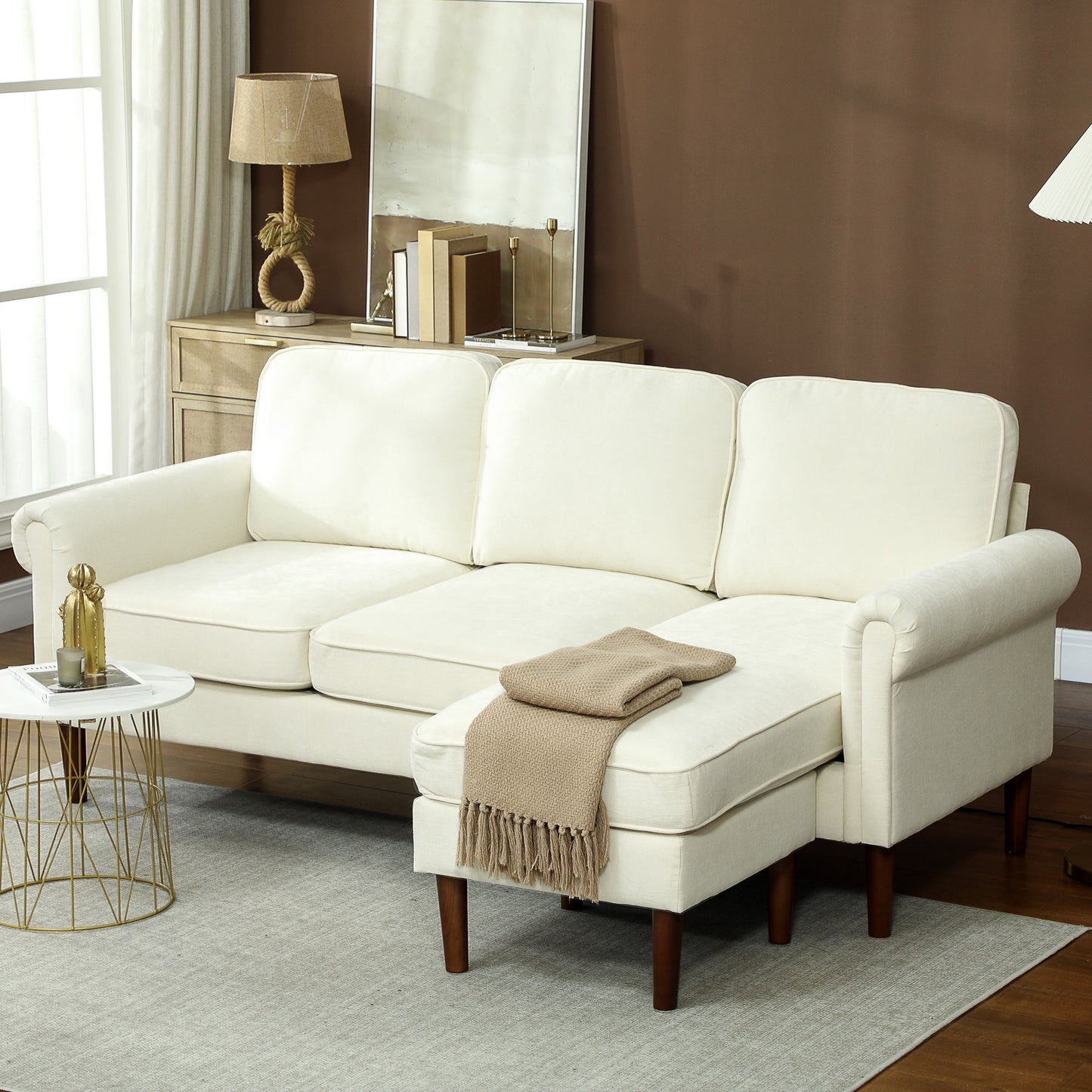 HOMCOM L Shape Sofa, Modern Sectional Couch with Changeable Chaise Lounge, Wooden Legs, Corner Sofa for Living Room, Cream