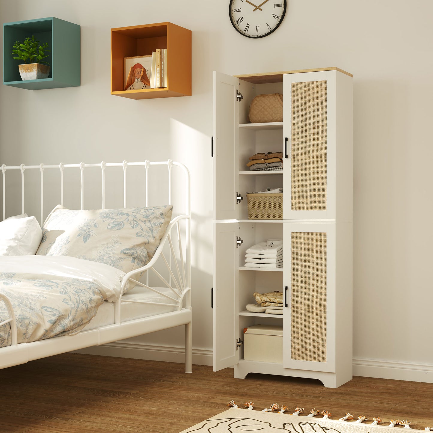 HOMCOM 67" Tall Kitchen Pantry, Freestanding Kitchen Storage Cabinet with 4 Rattan Doors and Adjustable Shelves, White