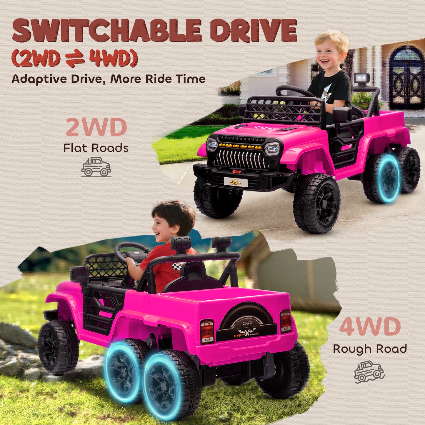 Qaba 12V 4WD/2WD Kids Electric Car w/ Remote Control, Spring Suspension, Back Trailer, Light, Music, Soft Start, Dark Green