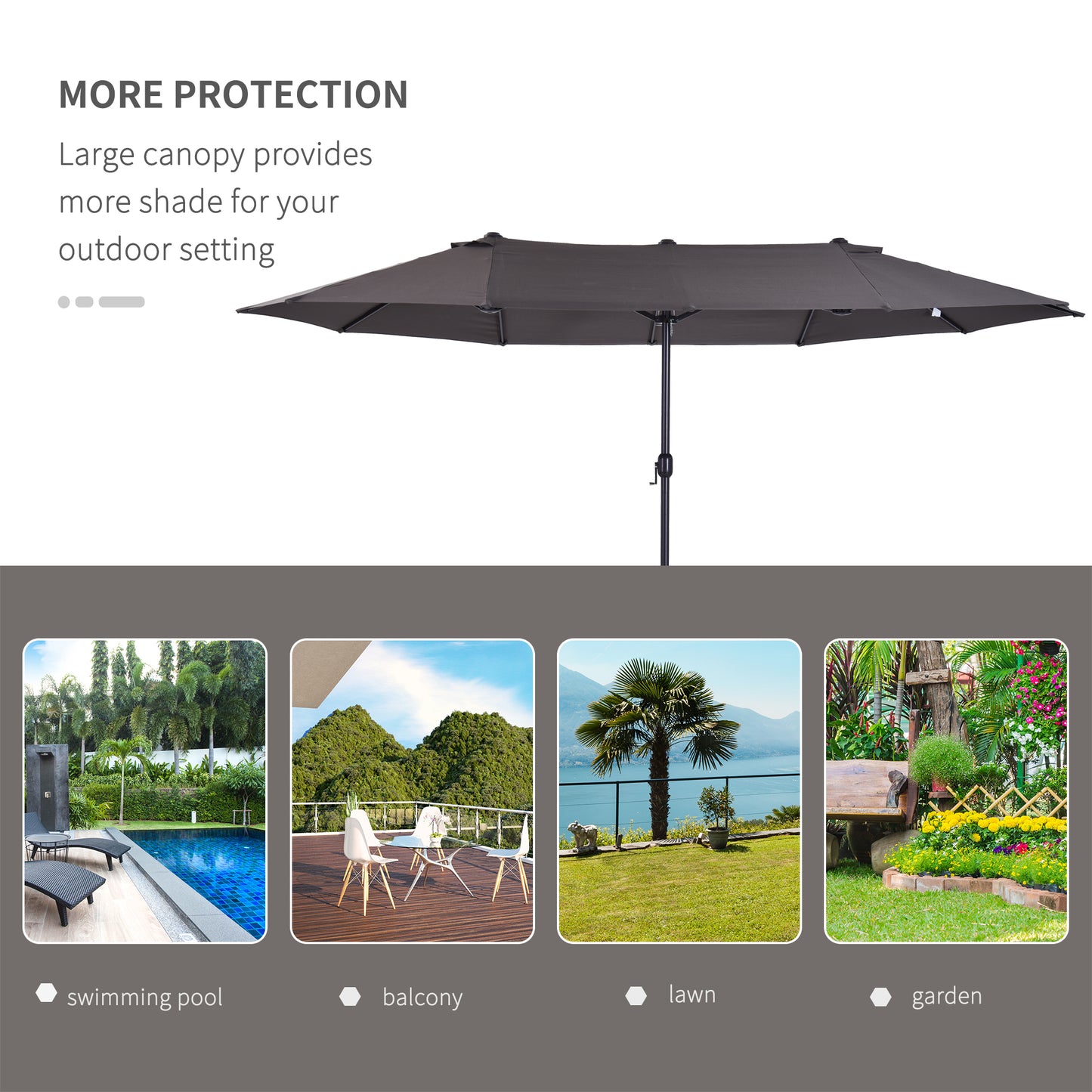 Outsunny 15' Double-Sided Patio Umbrella Parasol Sun Shelter Canopy Shade Grey