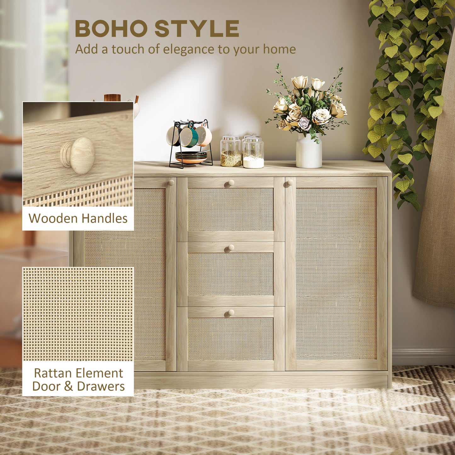 HOMCOM Boho Sideboard Buffet Cabinet, Kitchen Coffee Bar Cabinet with 3 Drawers, 2 Adjustable Shelves and 4 Racks, Natural