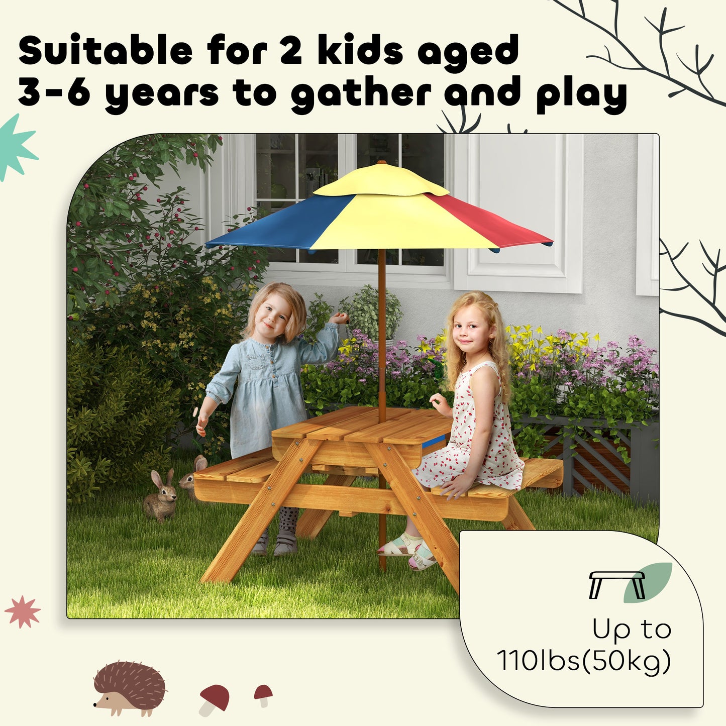 Outsunny Kids Outdoor Table Set Wooden Toddler Picnic Table and Benches for 4 Kids 3-8 Years, Easy Installation, Natural Wood