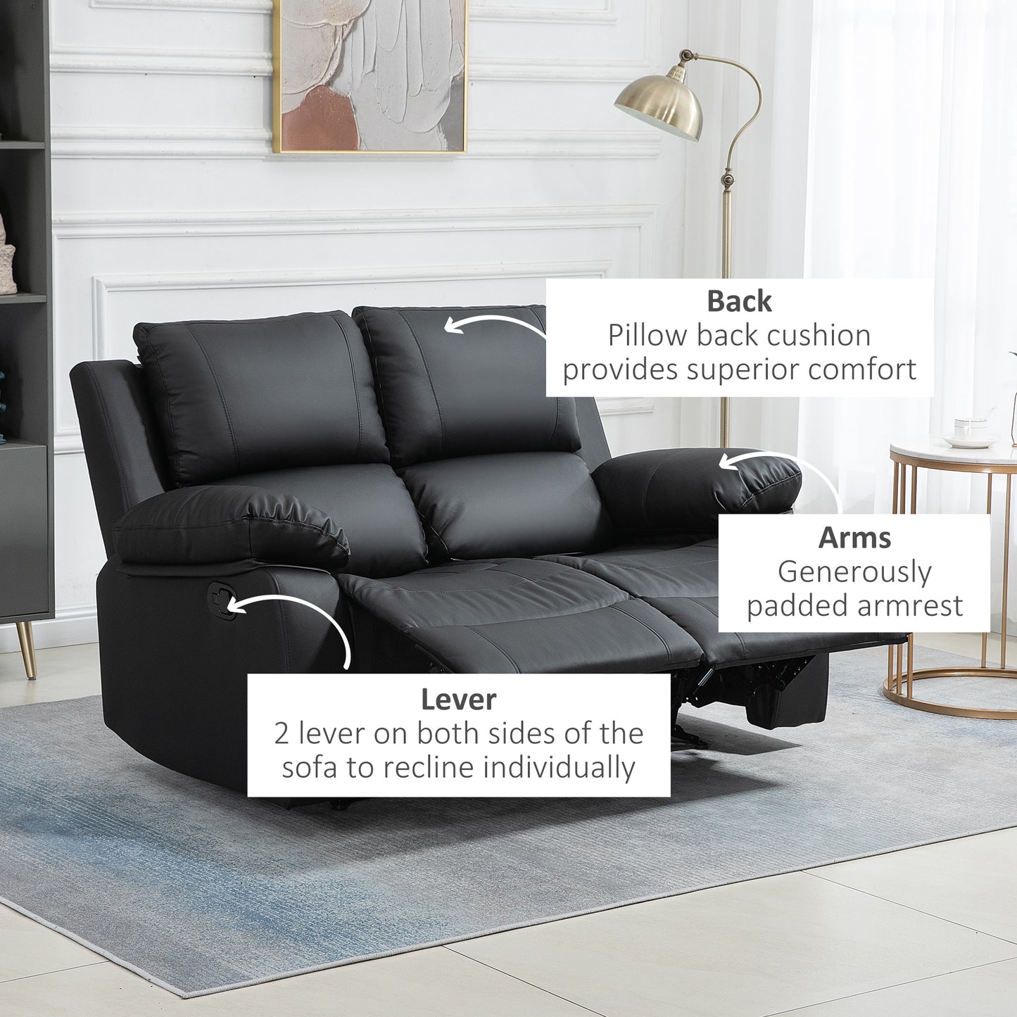 HOMCOM Double Reclining Loveseat, PU Leather Manual Recliner Sofa Chair with Pullback Control Footrest for Living Room, Black