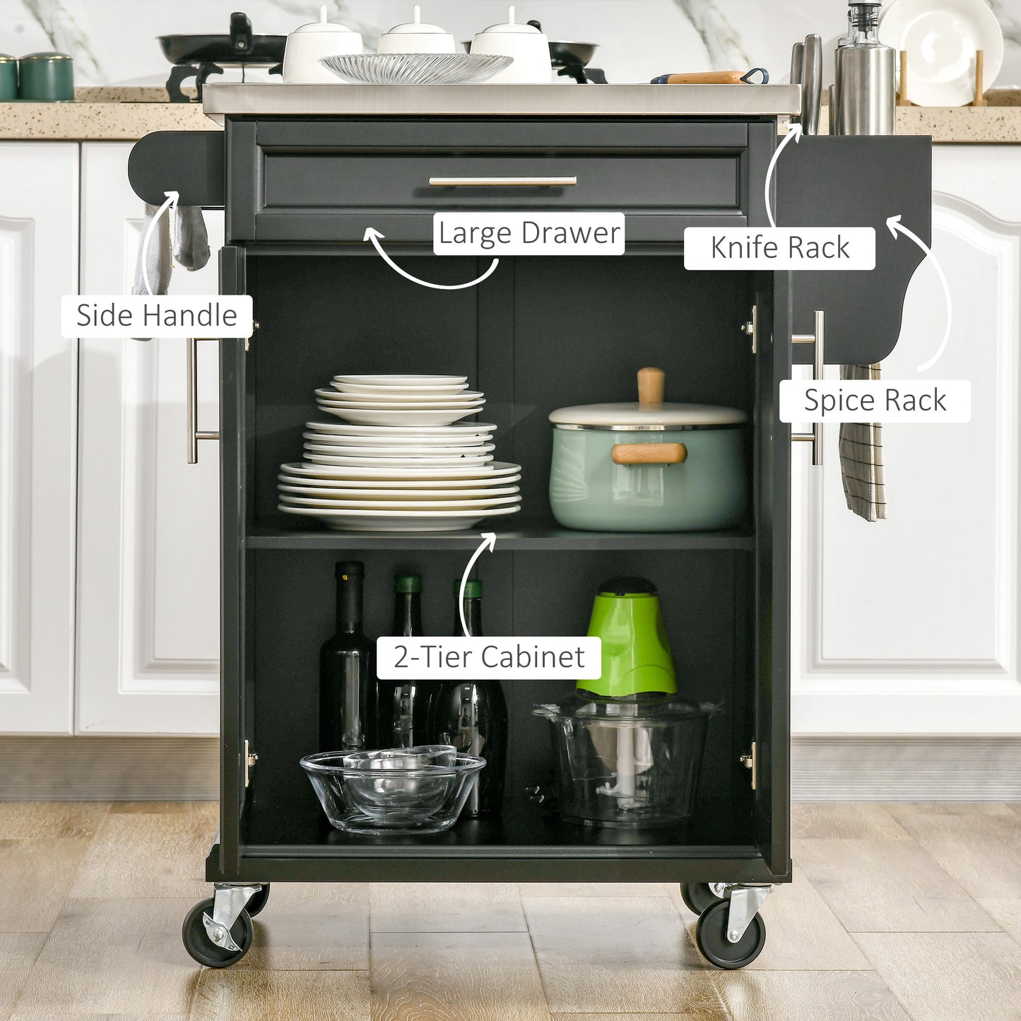 HOMCOM Kitchen Island with Stainless Steel Top, Rolling Kitchen Cart on Wheels with Storage Drawer, Cabinet, Towel Rack and Spice Rack (Black)