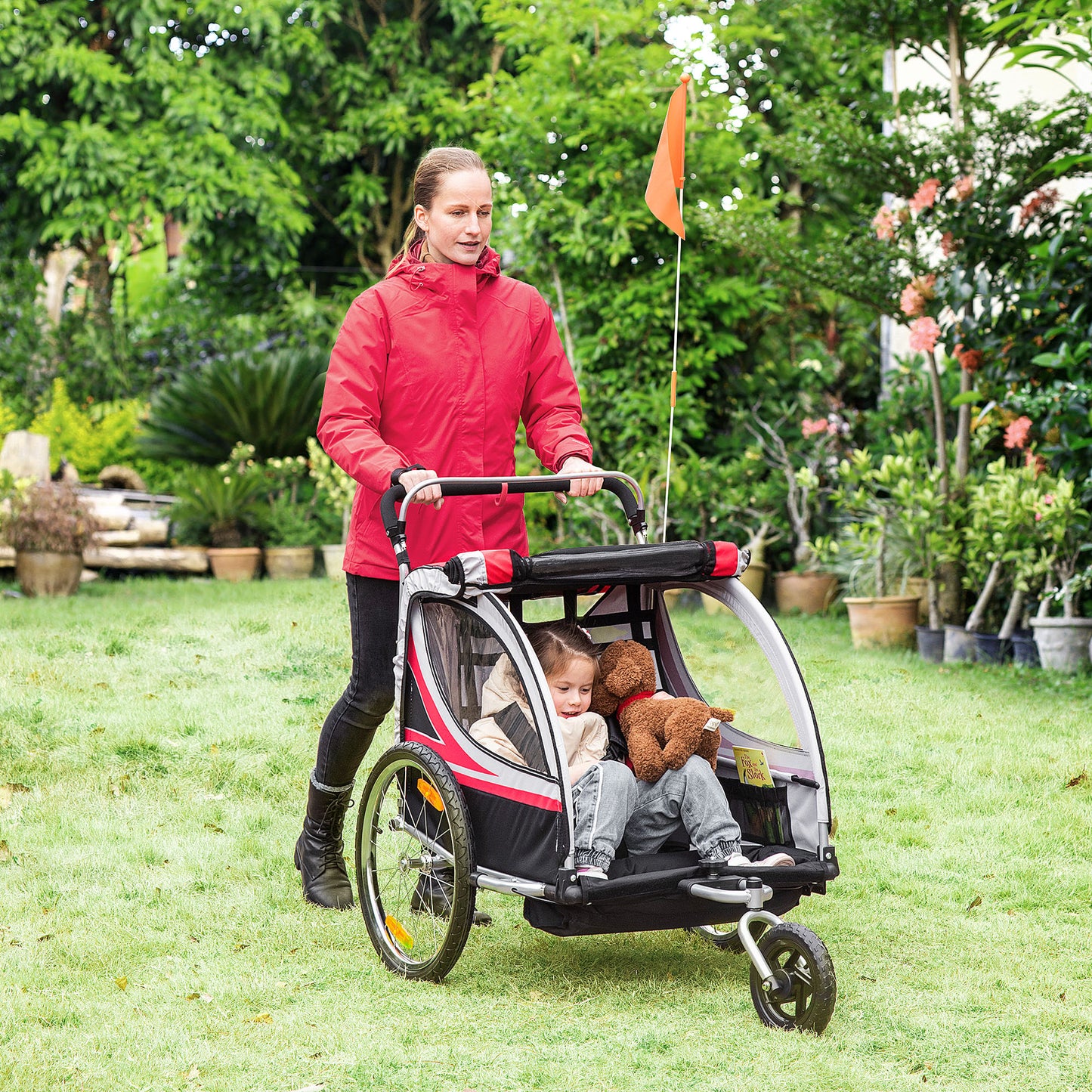 Aosom 2 Seat Bike Trailer for Kids 2-in-1 Double Baby Jogging Stroller with Handbrake, Rubber Wheels, 5 Point Harness, Waterproof Cover, Storage Bag, Reflectors, Yellow