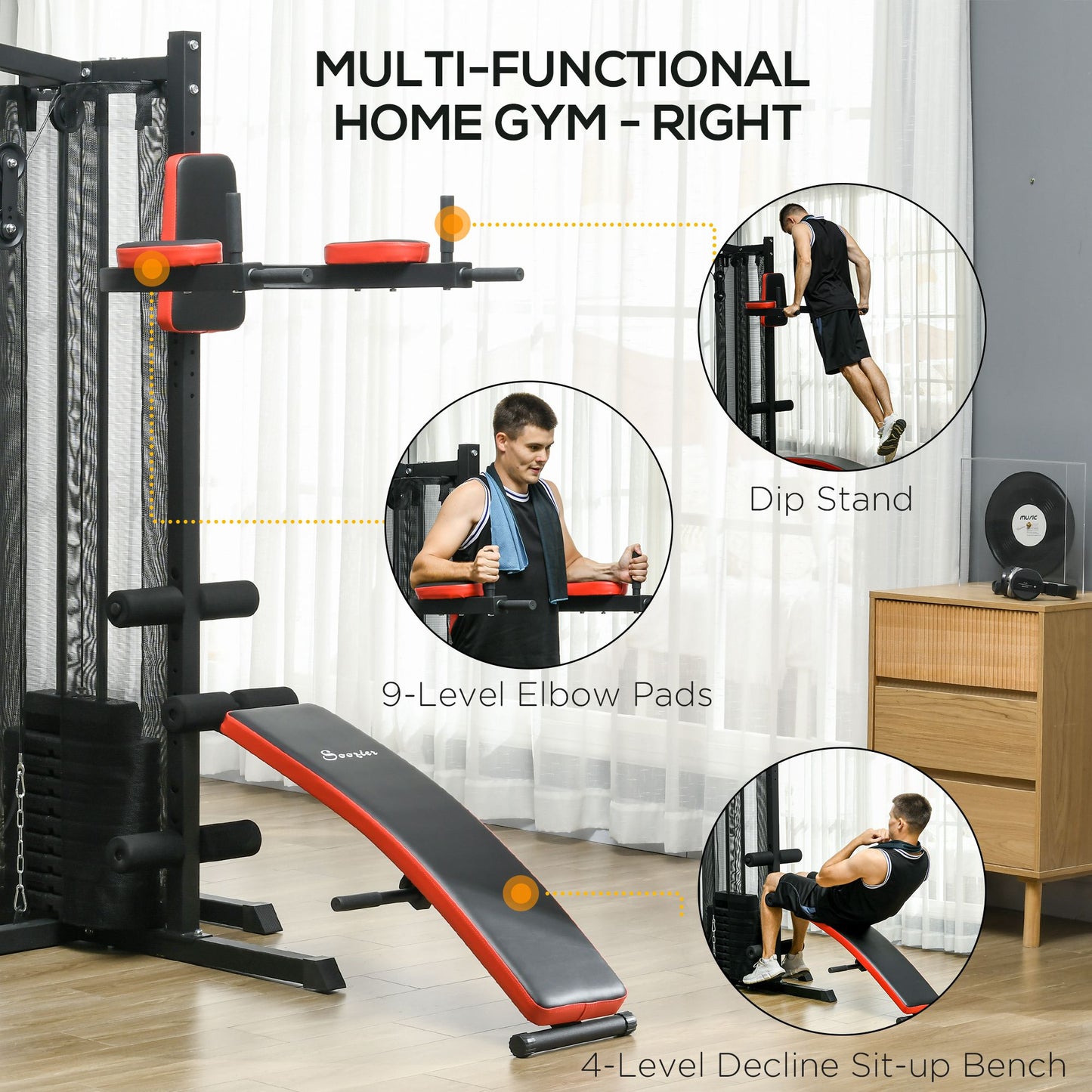 Soozier Multi Home Gym Equipment, Workout Station with Sit up Bench, Push up Stand, Dip Station, 99lbs Weights