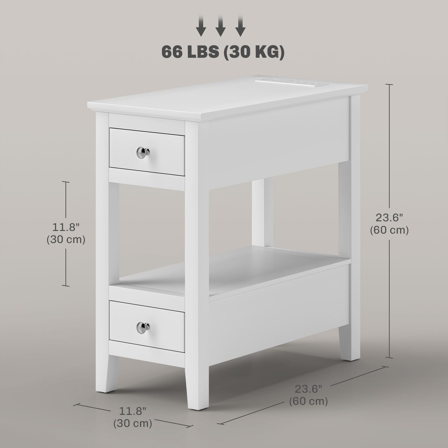 HOMCOM Narrow Side Table with Charging Station, USB Ports, Modern End Table with Storage Shelf, Drawers for Living Room, White