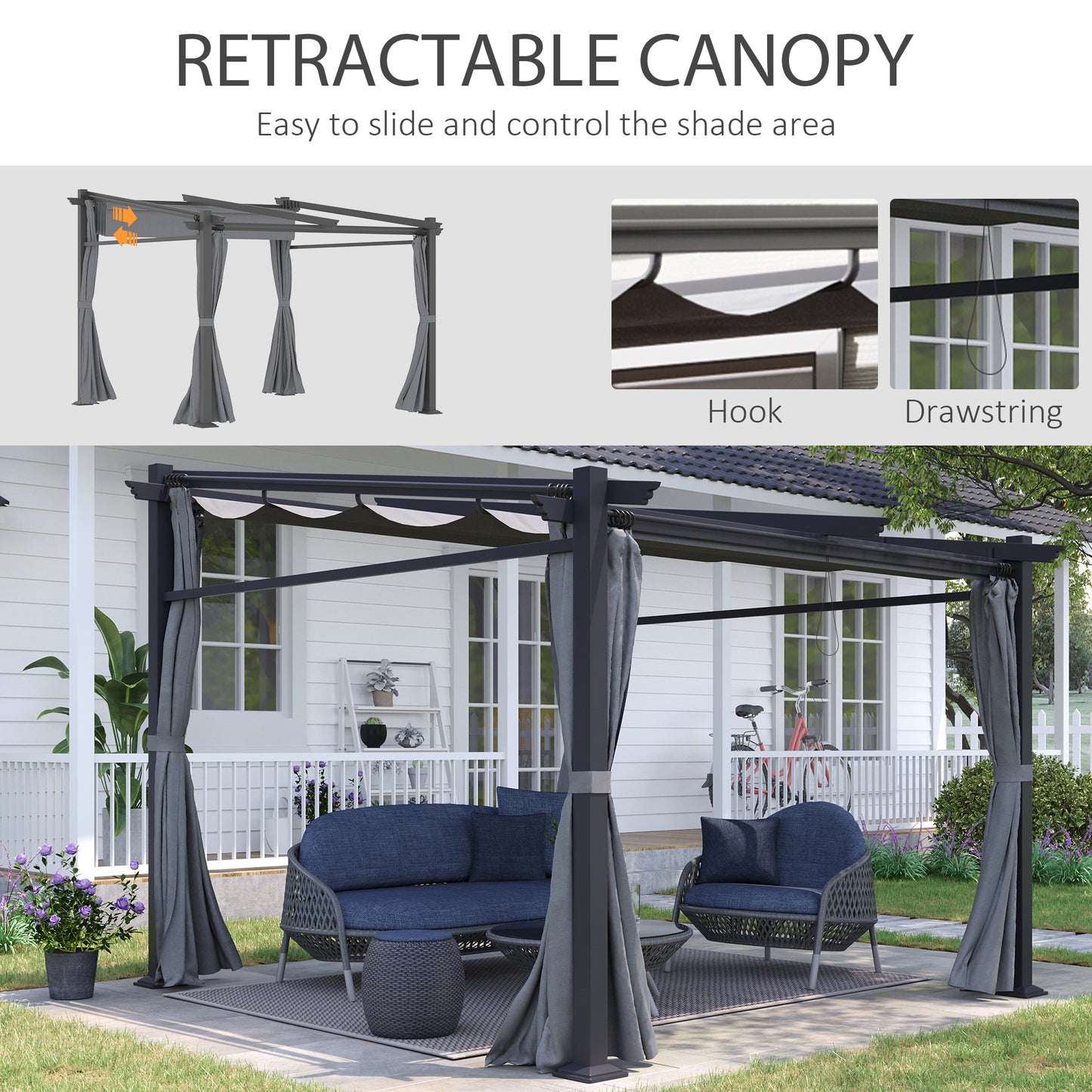 Outsunny Metal Pergola with Sliding Roof Canopy, Retractable Pergola Canopy, 10' x 10', Dark Grey