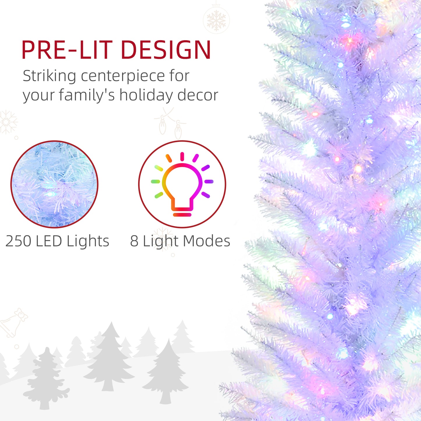 HOMCOM 7' Prelit Christmas Trees, Pencil Artificial Christmas Tree with Colourful Surface Tips, Colourful LED Lights, White