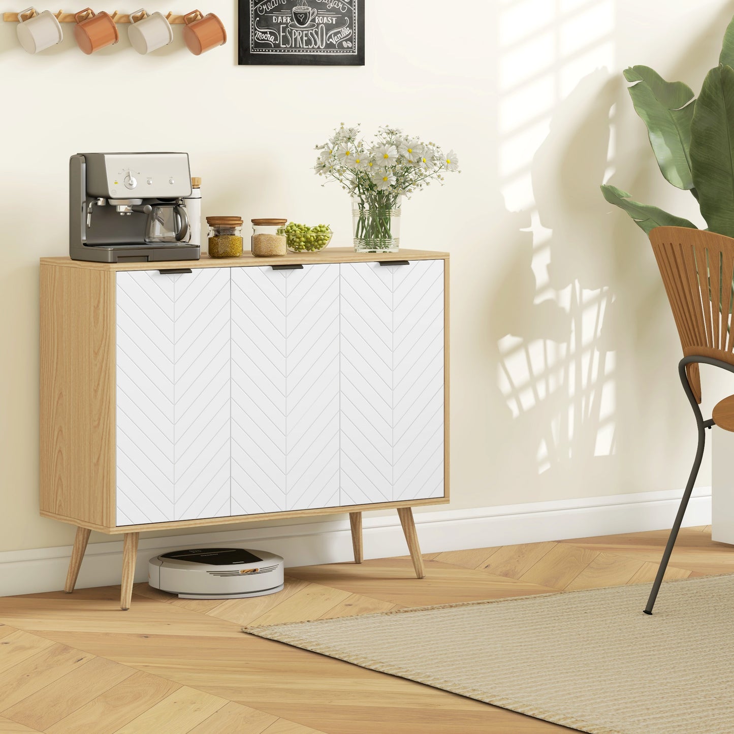 HOMCOM Modern Sideboard and Buffet, Dining Room Cabinet with Adjustable Shelves for Kitchen, Living Room, Natural