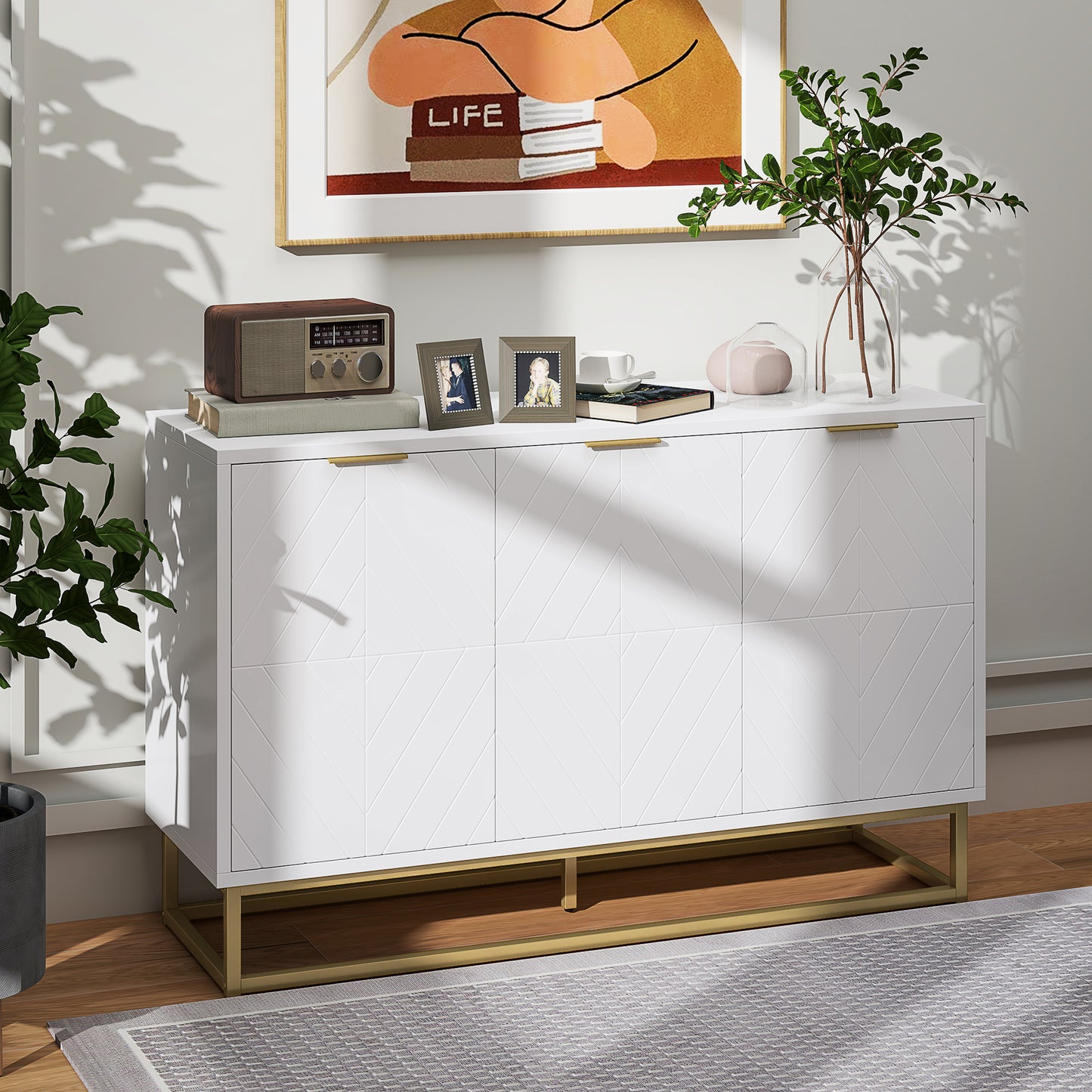 HOMCOM 47" Sideboard Buffet Cabinet with Storage, Contemporary Buffet Cabinet with Adjustable Shelves and Metal Legs, Kitchen Storage Cabinet with Elevated Base, White