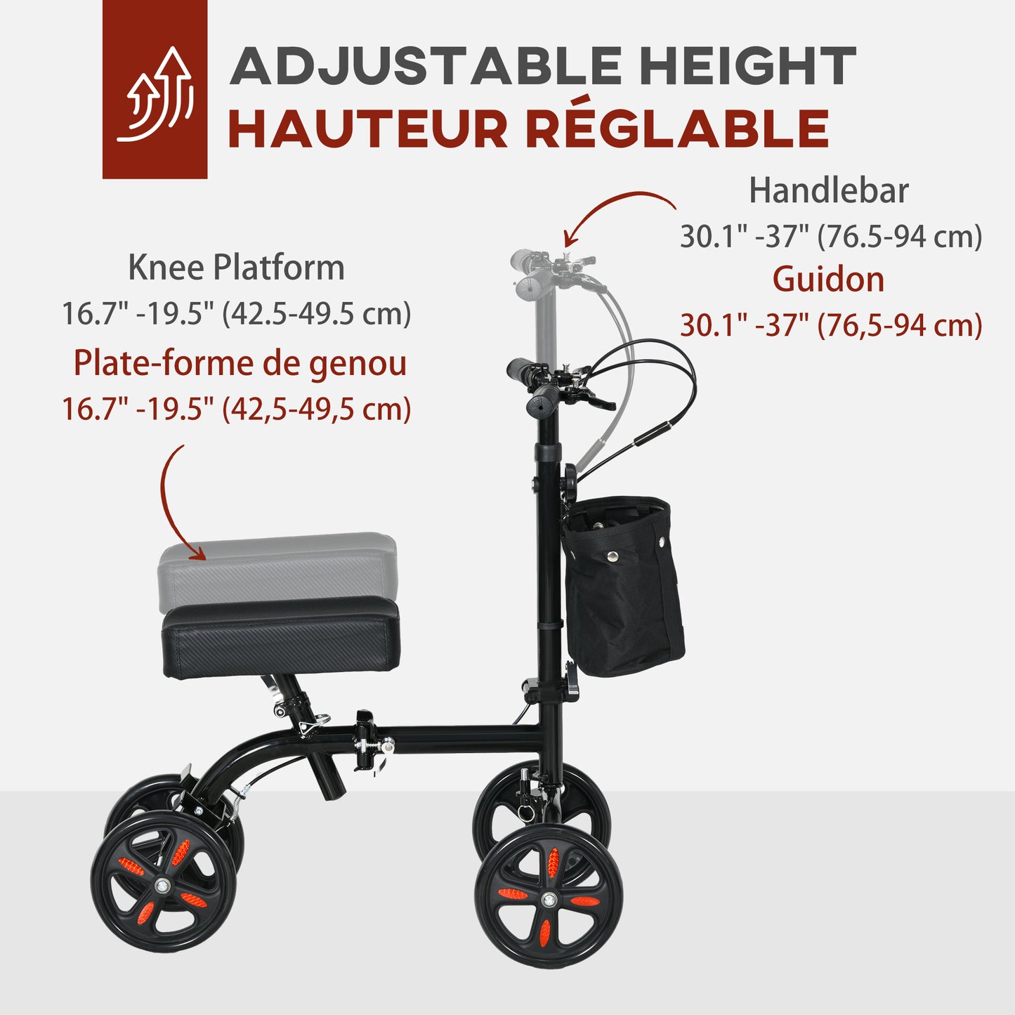 HOMCOM Steerable Knee Walker, Foldable Knee Scooter with Dual Braking System, Adjustable Height, Crutch Alternative, Red
