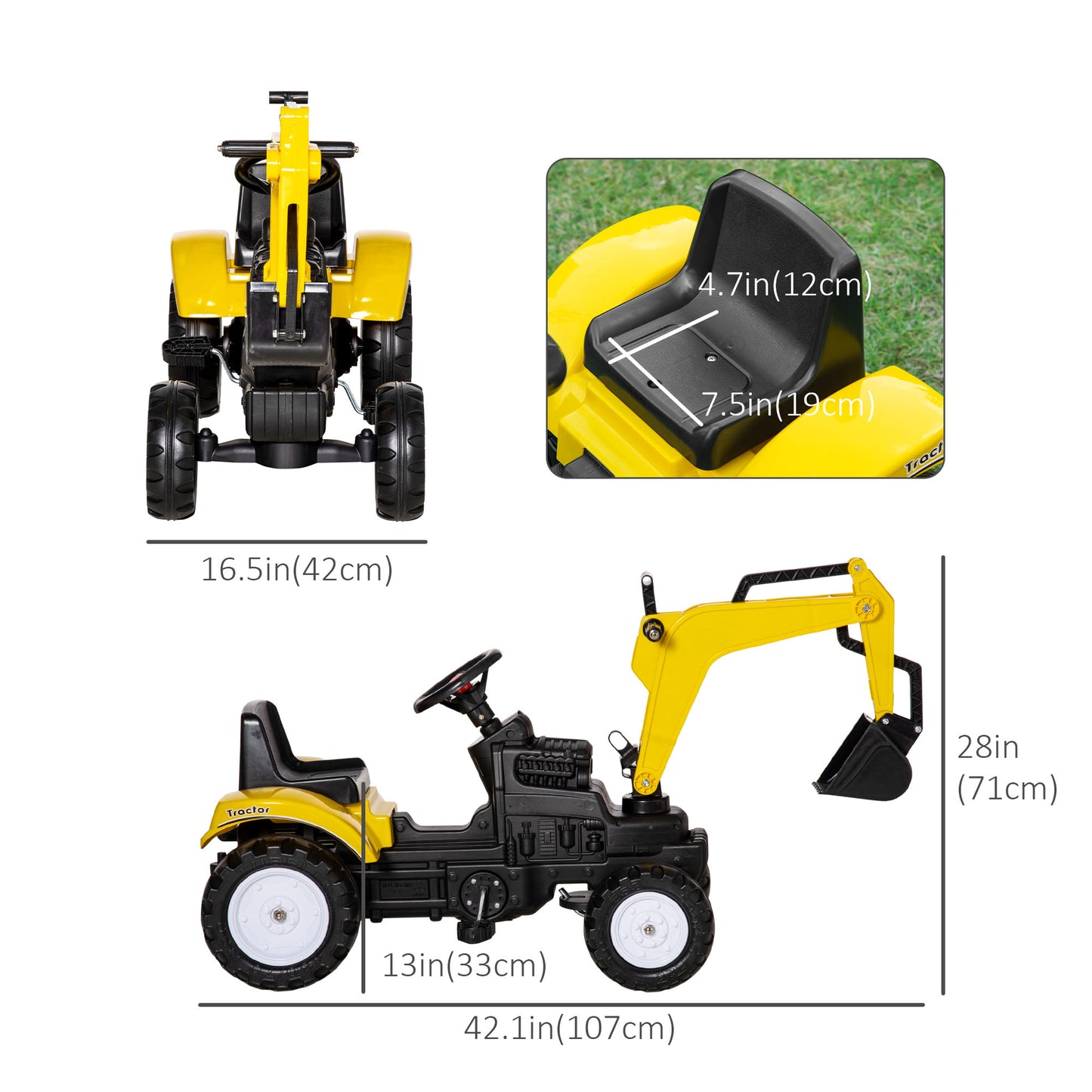 Aosom Ride on Tractor for Kids, Pedal Excavator Ride on Toy for 3 Year Old, Yellow