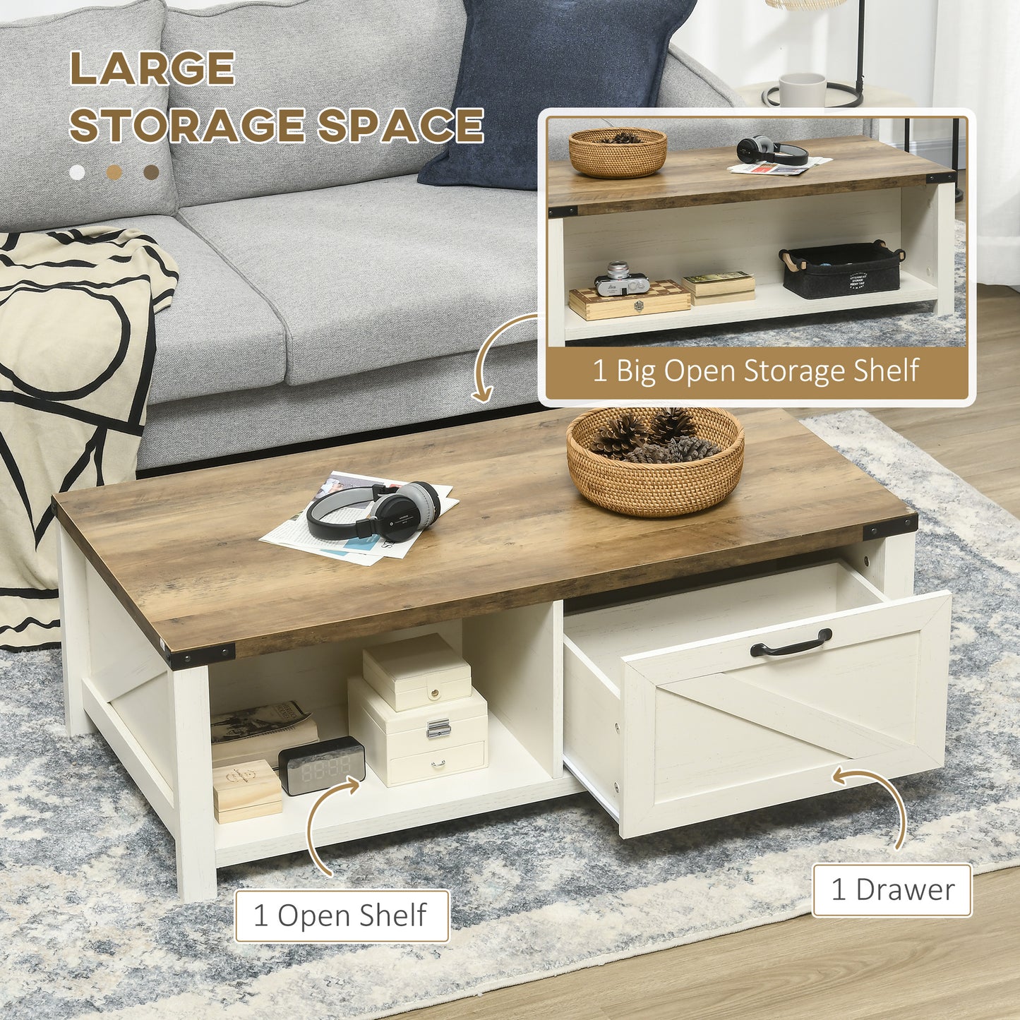 HOMCOM Industrial Coffee Table Side End Table with Drawer, Open Storage Shelf, Modern Farmhouse Furniture, for Living Room, Dining Room, Office, White Oak