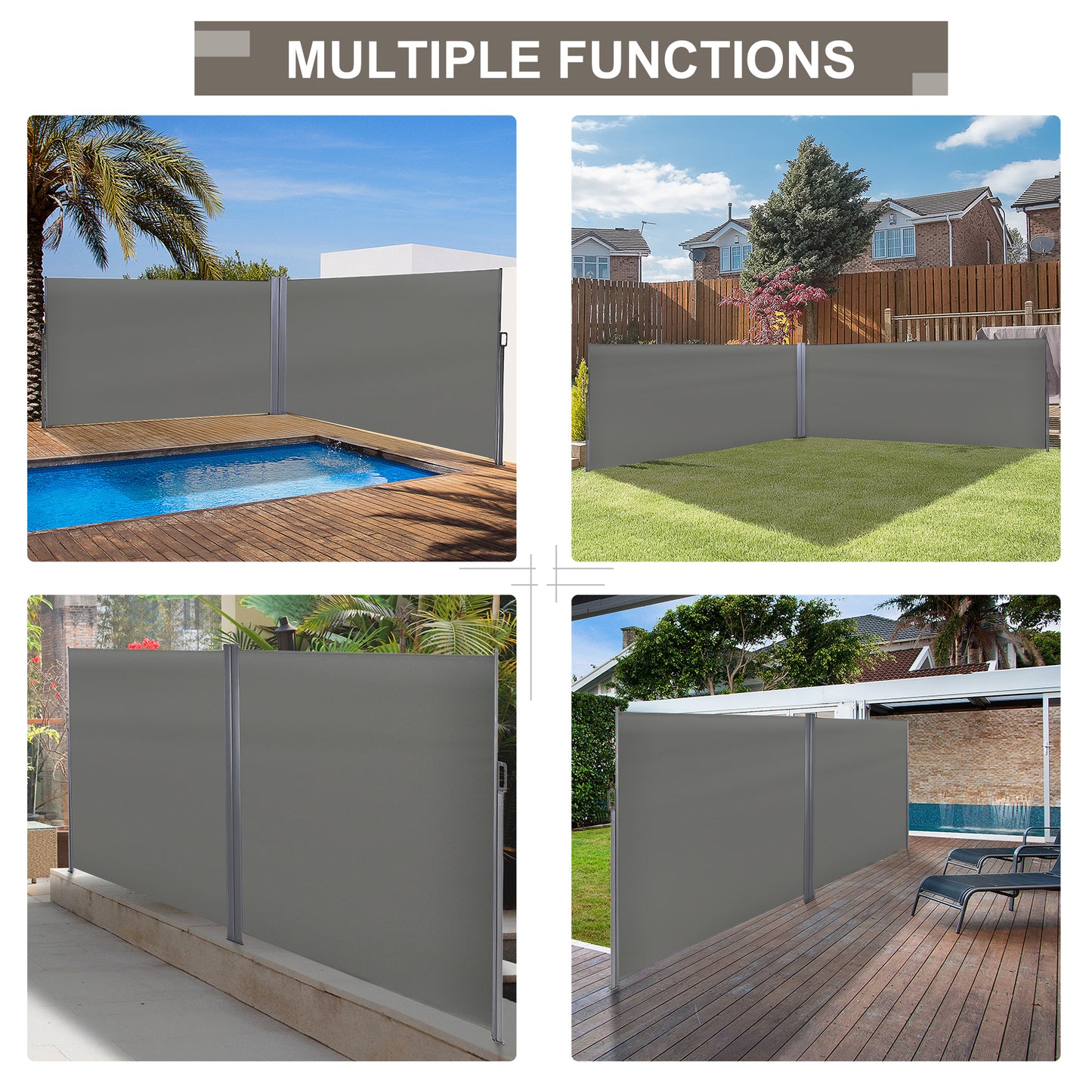 Outsunny Patio Retractable Double Side Awning, Folding Privacy French Screen Fence, Privacy Wall Corner Divider, Garden Outdoor Sun Shade Wind Screen, Indoor Room Divider, Grey