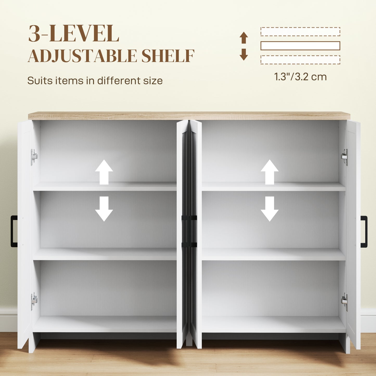 HOMCOM Modern Sideboard Buffet Cabinet, Modern Kitchen Storage Cabinet with 3 Doors Adjustable Shelves, for Dining Room, White