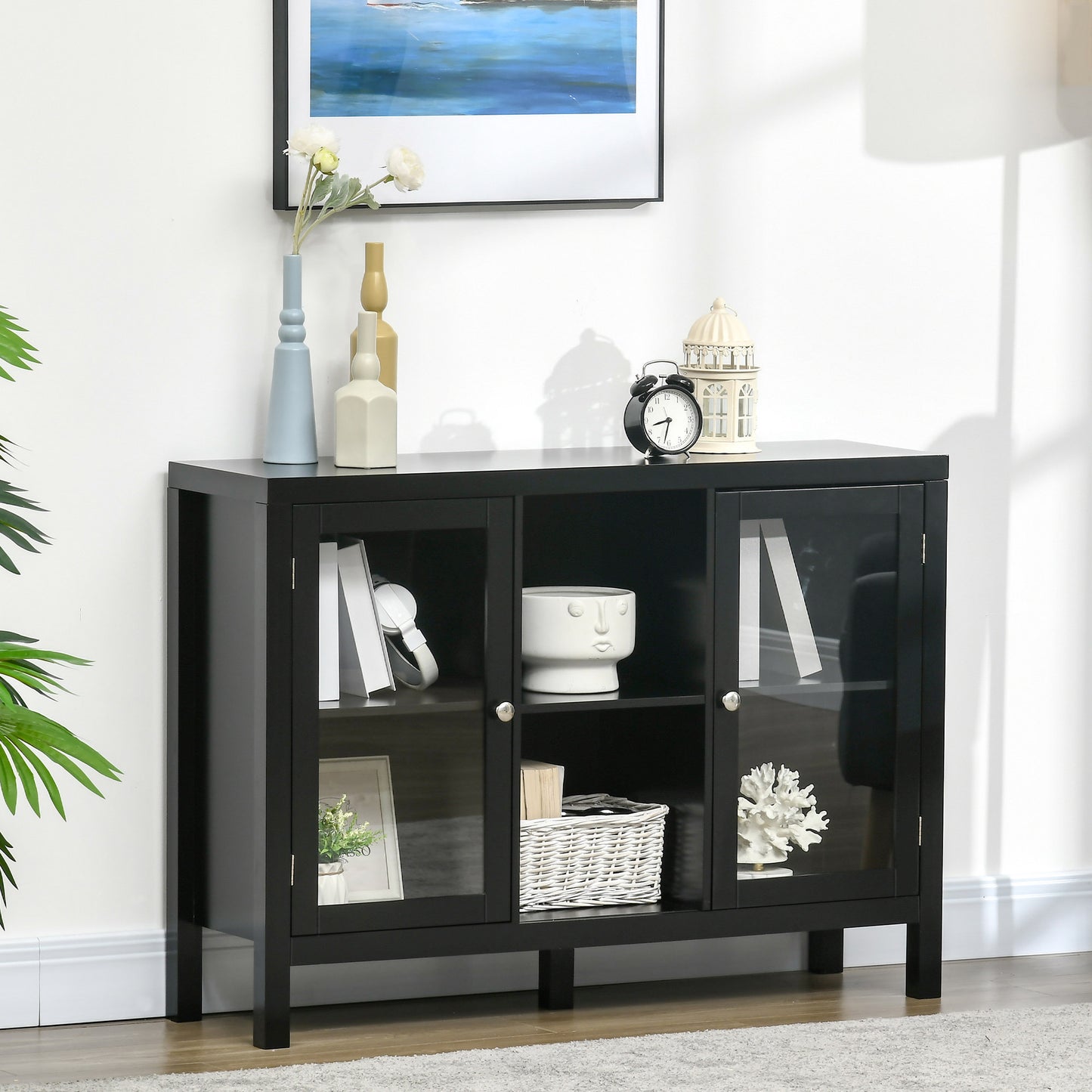 HOMCOM 30.25" Modern Kitchen Sideboard, Buffet Cabinet with Removable Wine Rack, Tempered Glass Door Cabinet and Adjustable Shelves for Living Room, Kitchen, Entryway, Black