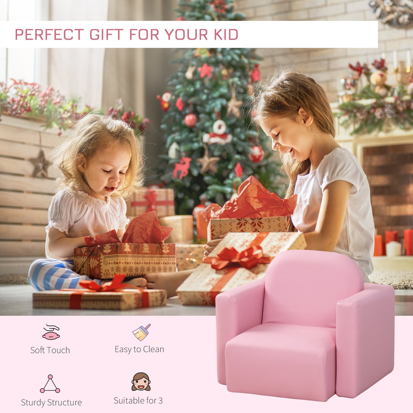 Qaba Kids Sofa, 2-in-1 Multi-Functional Toddler Table and Chair, Children Armchair Sturdy Couch for 3-9 Years Old, Pink
