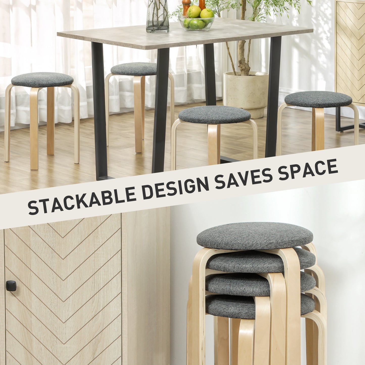 HOMCOM Stackable Wood Stools Set of 4, Stacking Kitchen Stools with Padded Seat for Dining Room, Living Room, Cream White