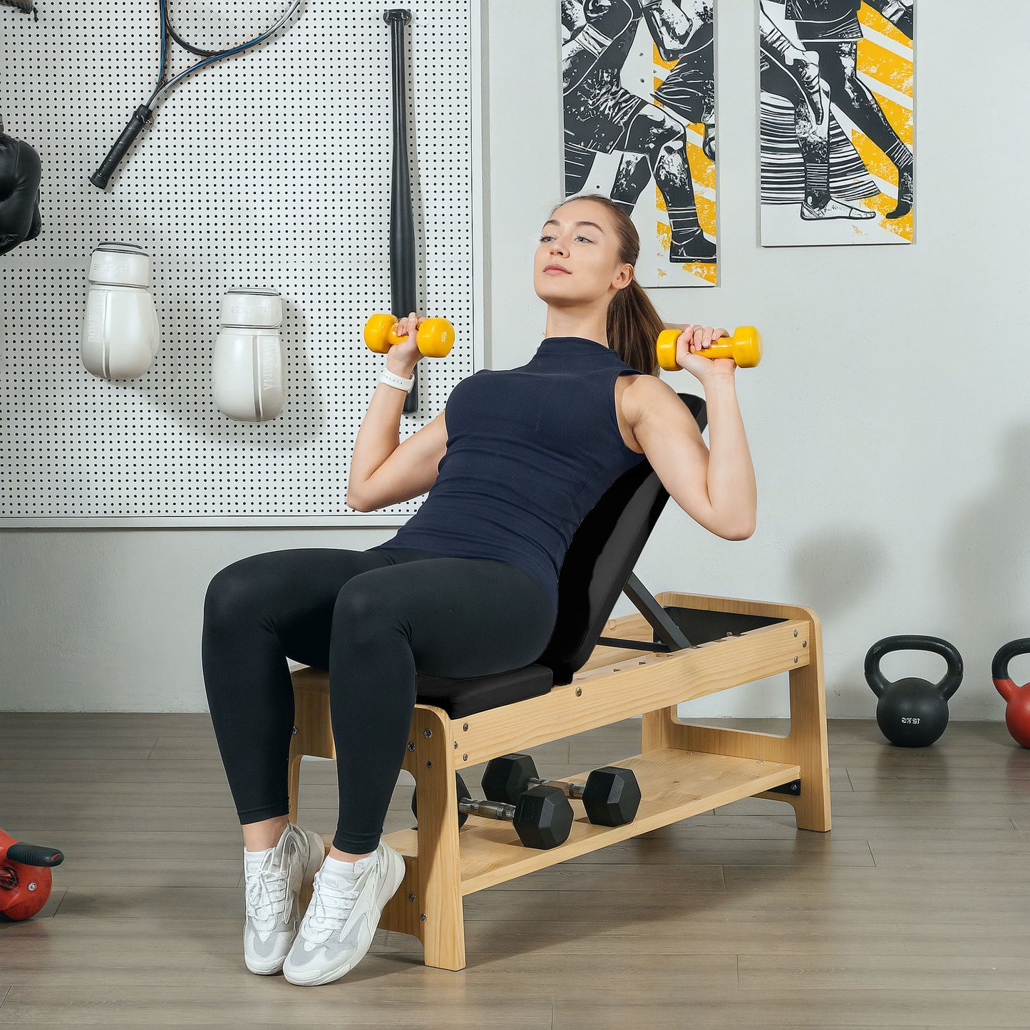 Soozier Wooden Adjustable Weight Bench with Dumbbell Storage Rack, Flat or Incline Workout Bench for Weight Lifting, Black