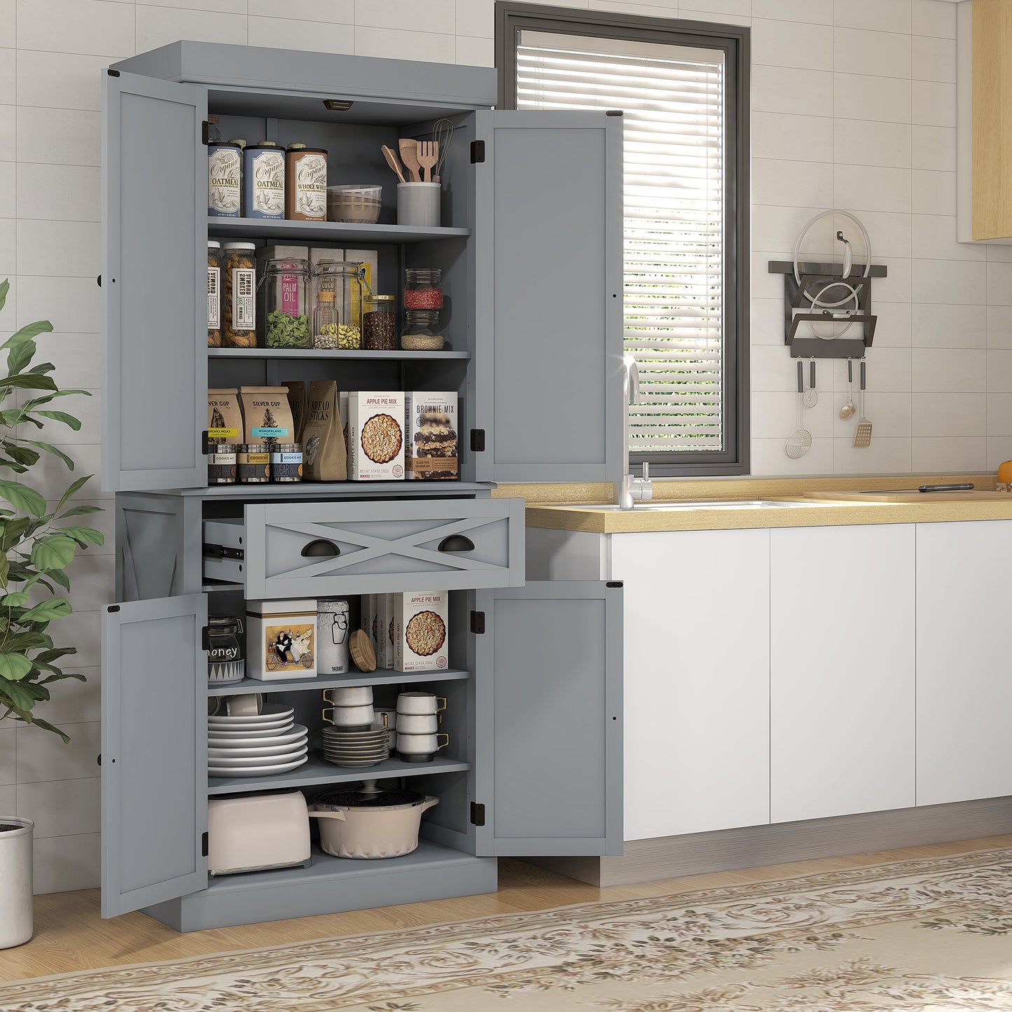 HOMCOM 72.5" Kitchen Pantry Cabinet, Freestanding Storage Cabinet with 4 Doors, Drawer and Adjustable Shelves, Black