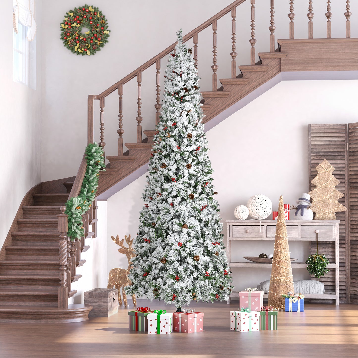 HOMCOM 9-foot Pencil Snow Flocked Artificial Christmas Tree with 1350 Pine Realistic Branches, Pine Cones, Red Berries, Auto Open, Green