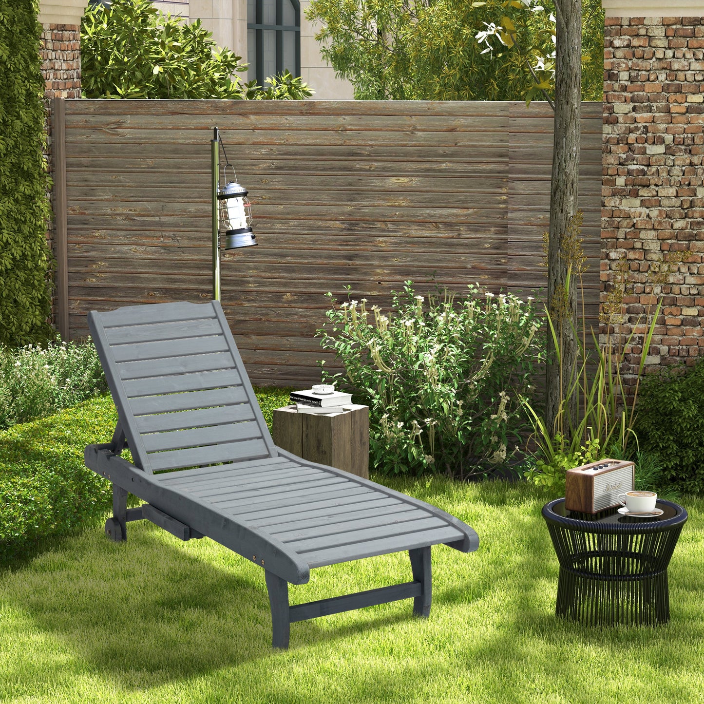 Outsunny Adjustable Lounge Chair, Outdoor Patio Chaise Recliner with Pull-out Tray and 2 Wheels