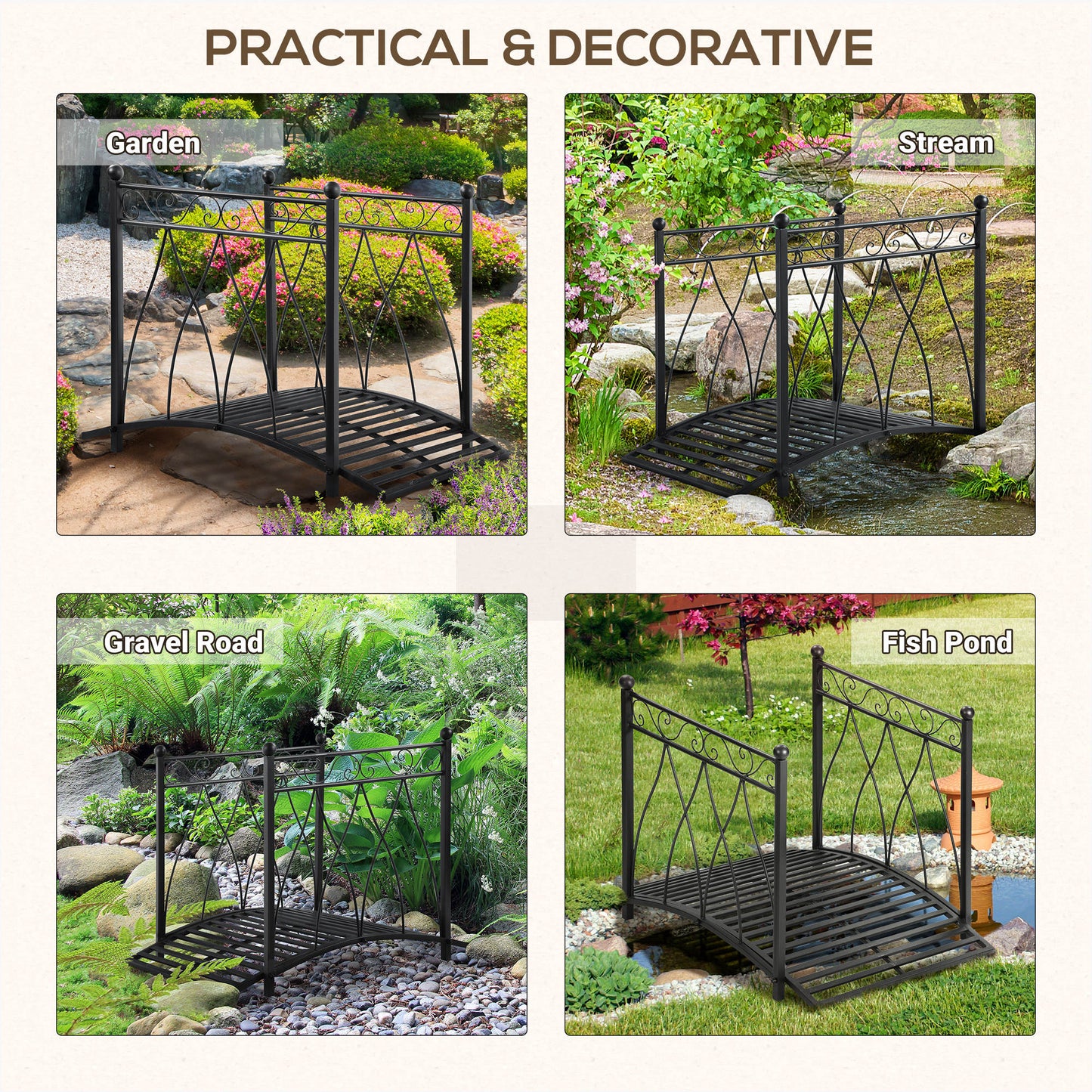 Outsunny 3.3FT Classic Garden Bridge with Safety Railings Arc Footbridge Decorative Pond Bridge for Backyard Creek Stream, Black