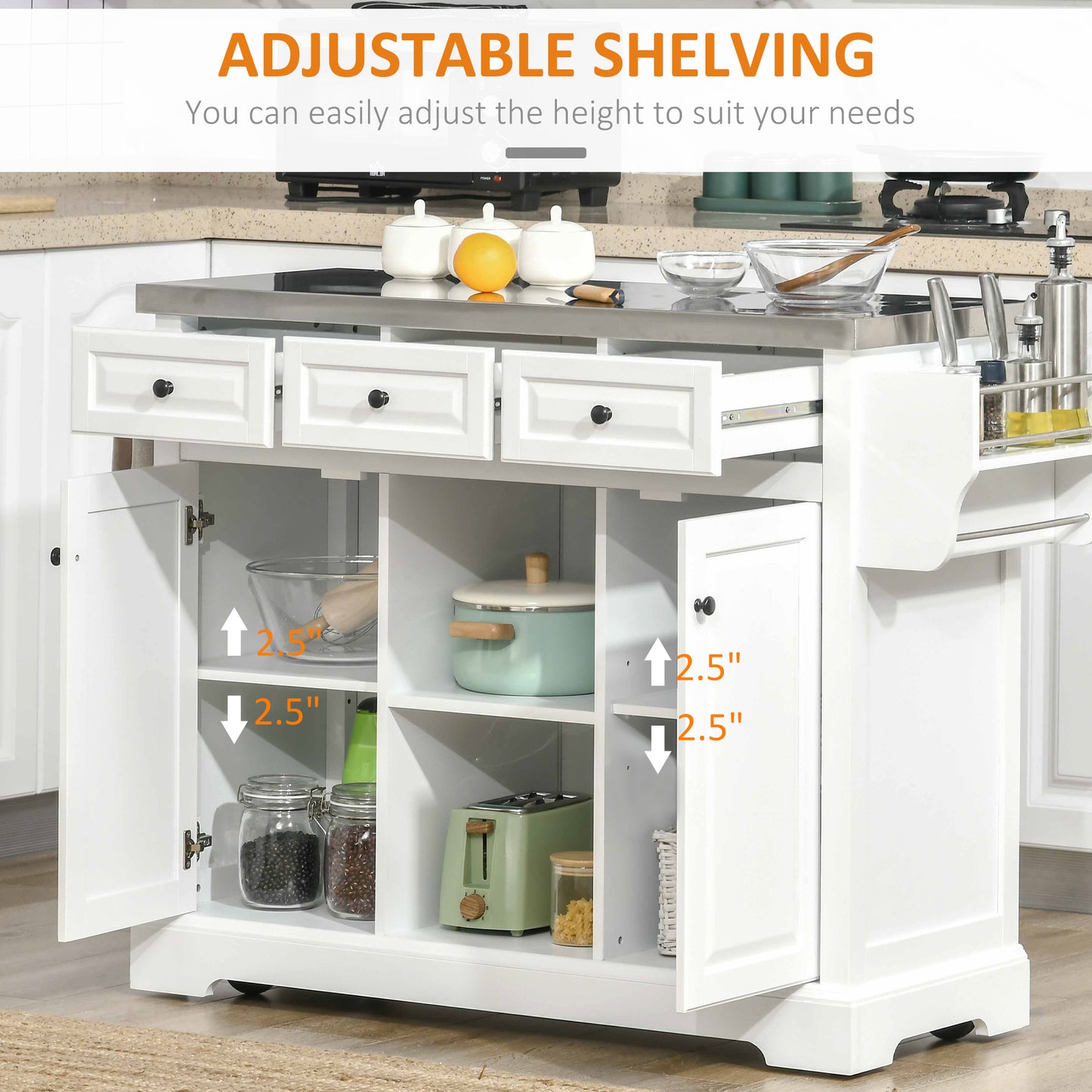 HOMCOM Kitchen Island on Wheels with Stainless Steel Top, Spice Rack, Drawers, Rolling Bar Cart with Storage, White