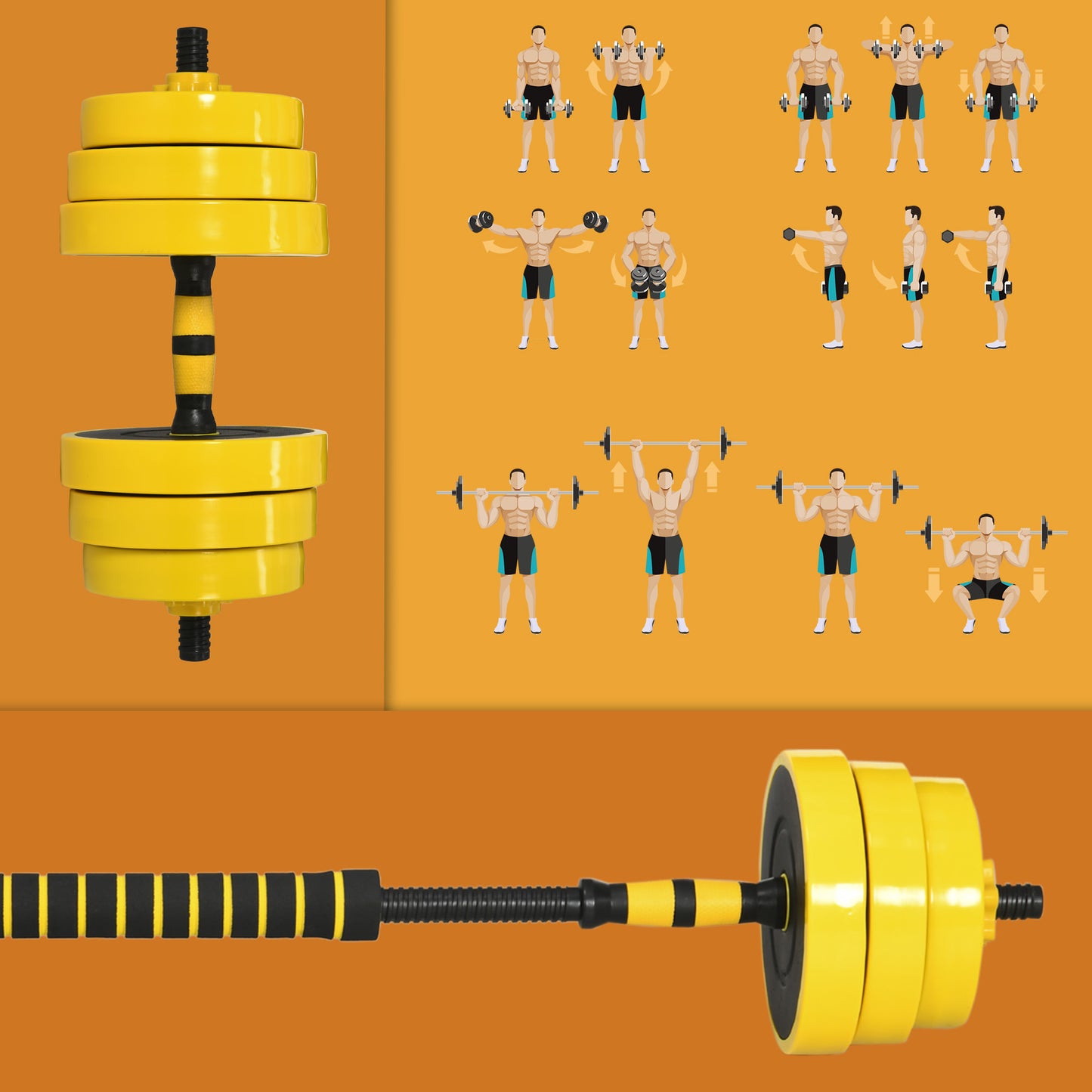 Soozier Dumbbell & Barbell Adjustable Set 66lbs Plate Bar Clamp Rod for Strength Training, Full Body Workout, Muscle Building Home Gym Sports Area Exercise Ergonomic