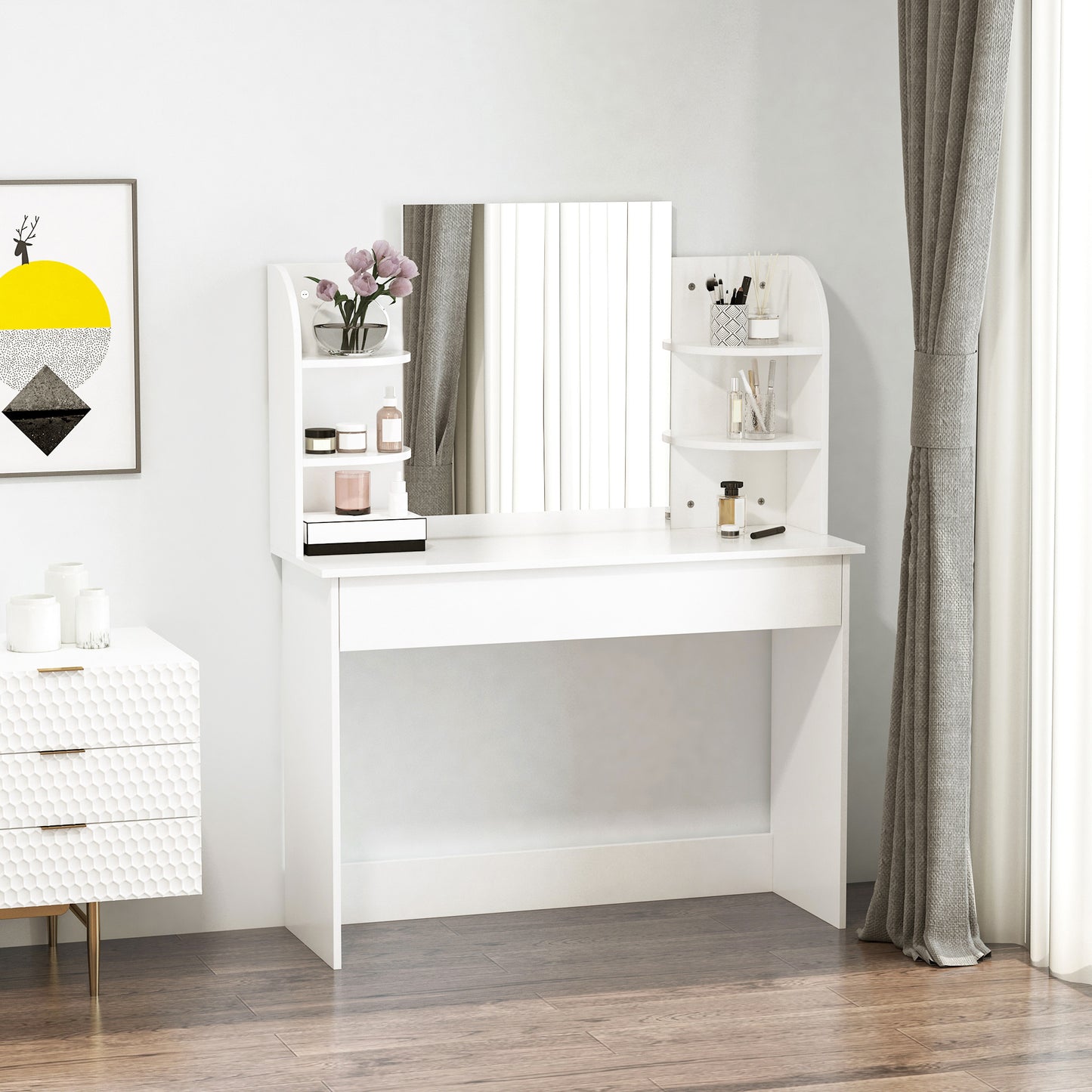 HOMCOM Vanity Desk with Mirror, Makeup Vanity with Open Shelves and Drawer, Dressing Table for Bedroom, White