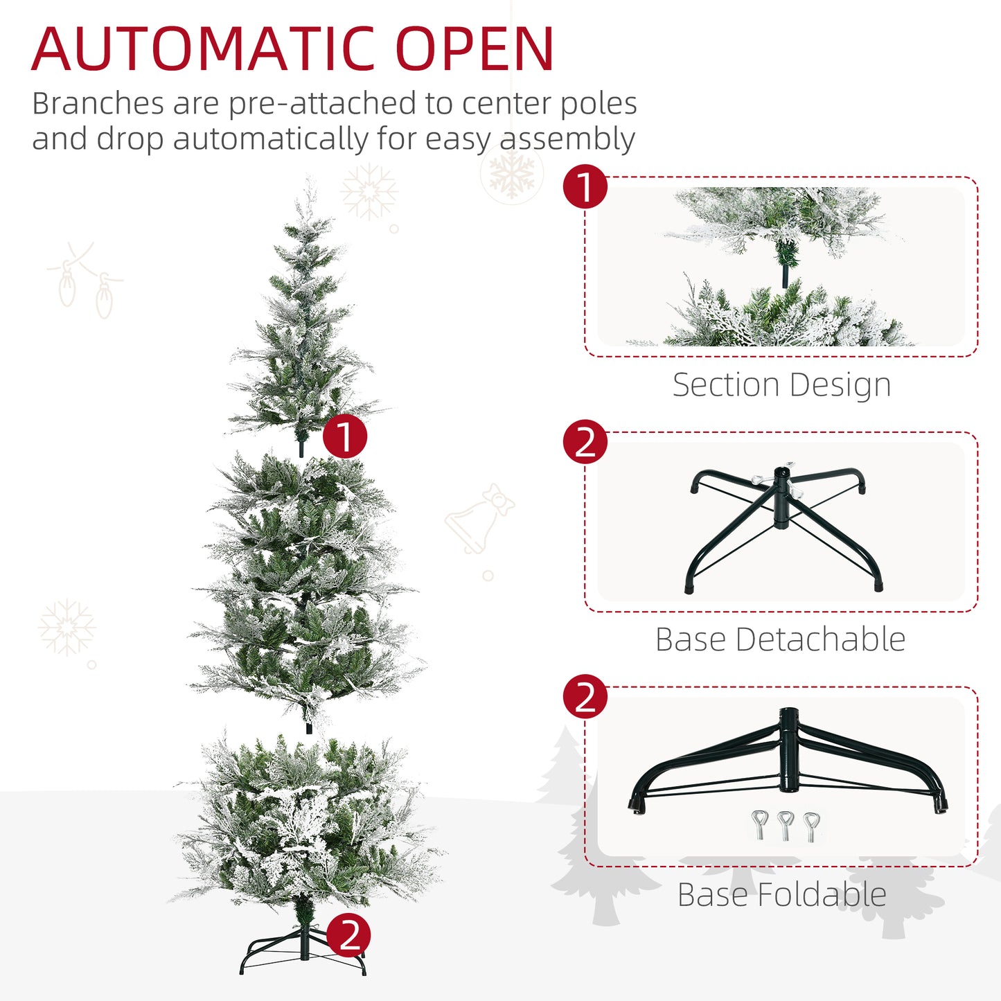 HOMCOM 7.5 Feet Pencil Snow Flocked Artificial Christmas Tree with 880 Realistic Cypress Branches, Auto Open, Green