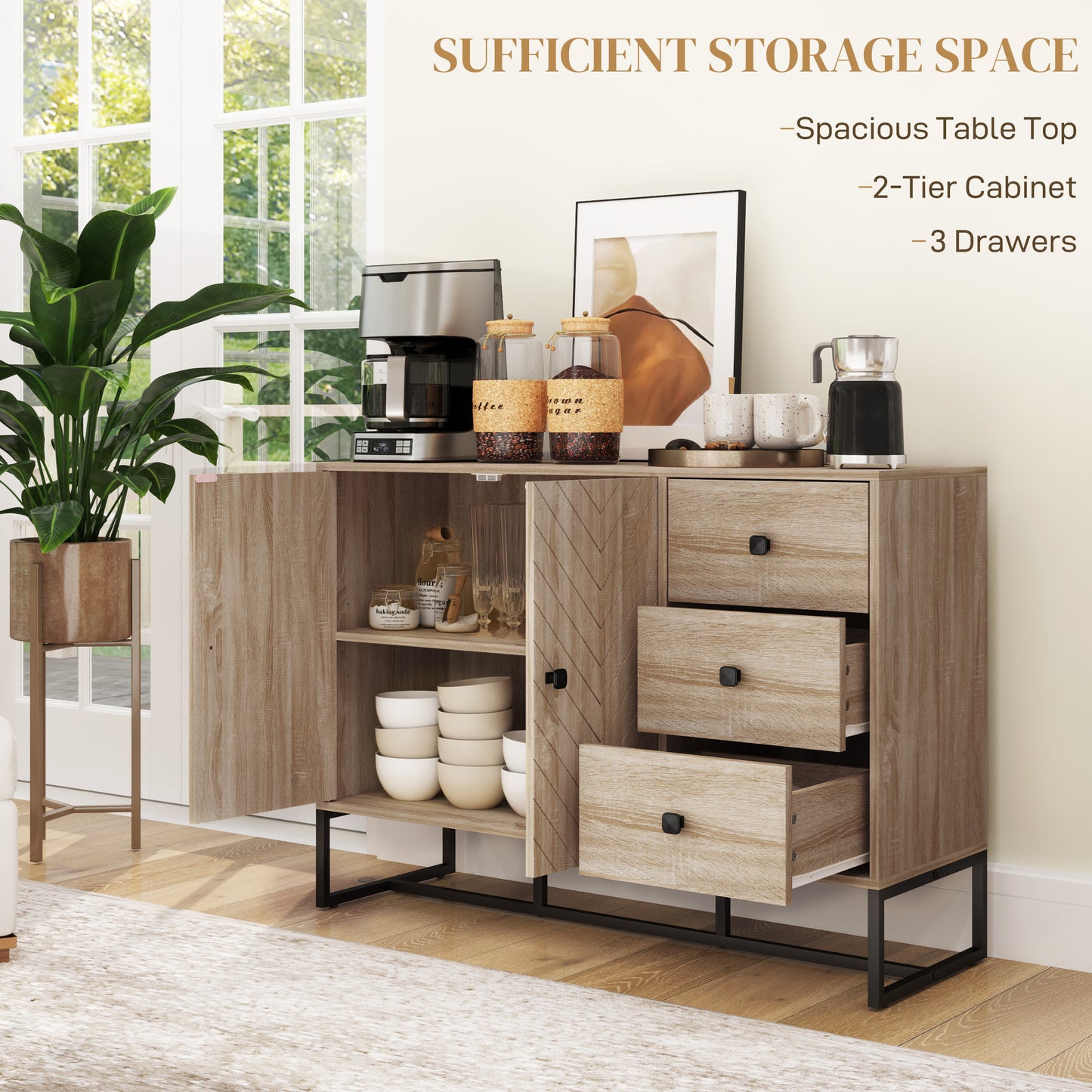 HOMCOM Modern Sideboard, 42.5" Buffet Cabinet with Adjustable Shelves and 3 Drawers, Coffee Bar Cabinet with 2 Doors, Oak