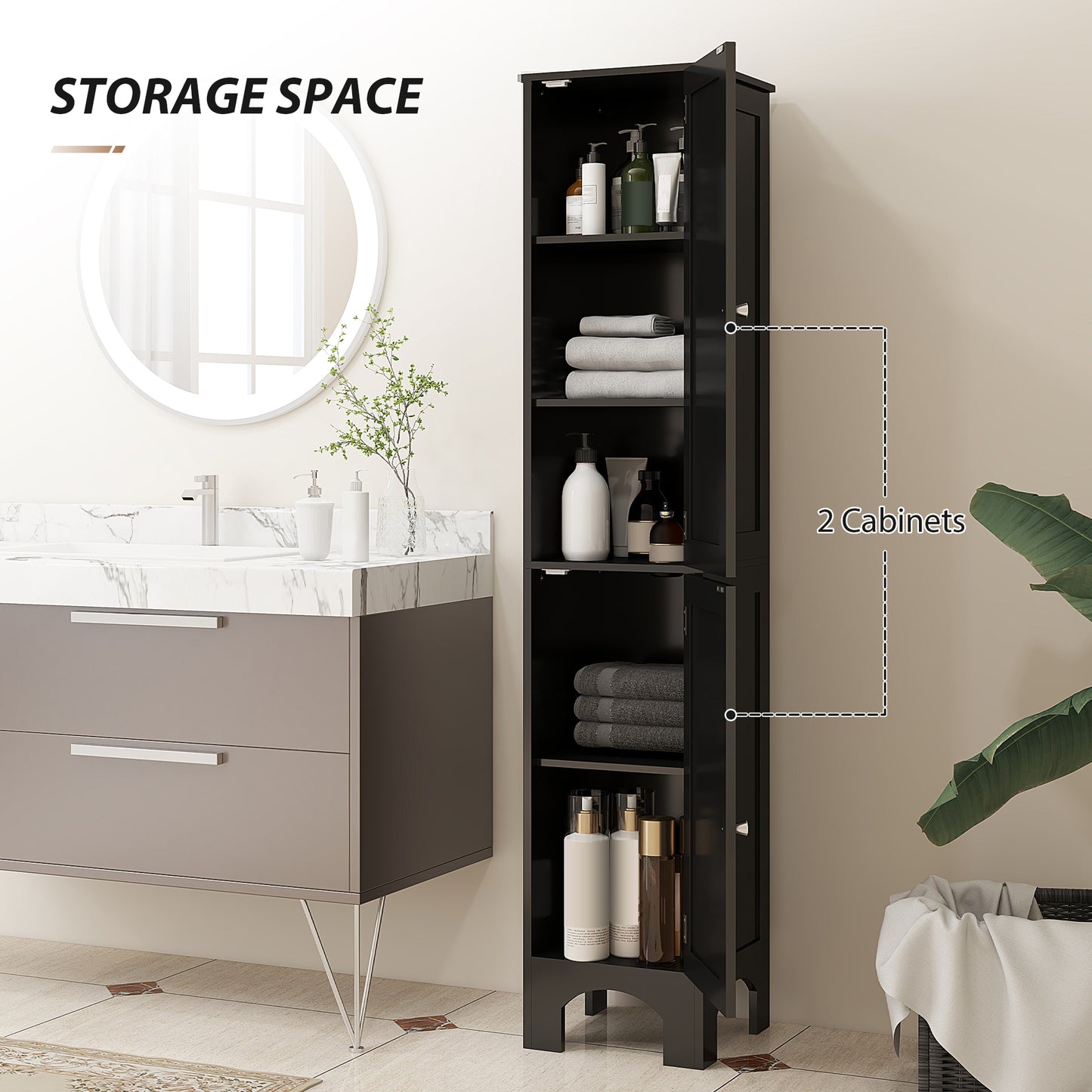 HOMCOM Narrow Bathroom Cabinet, Tall Bathroom Storage Cabinet with Shelves and Doors, Black
